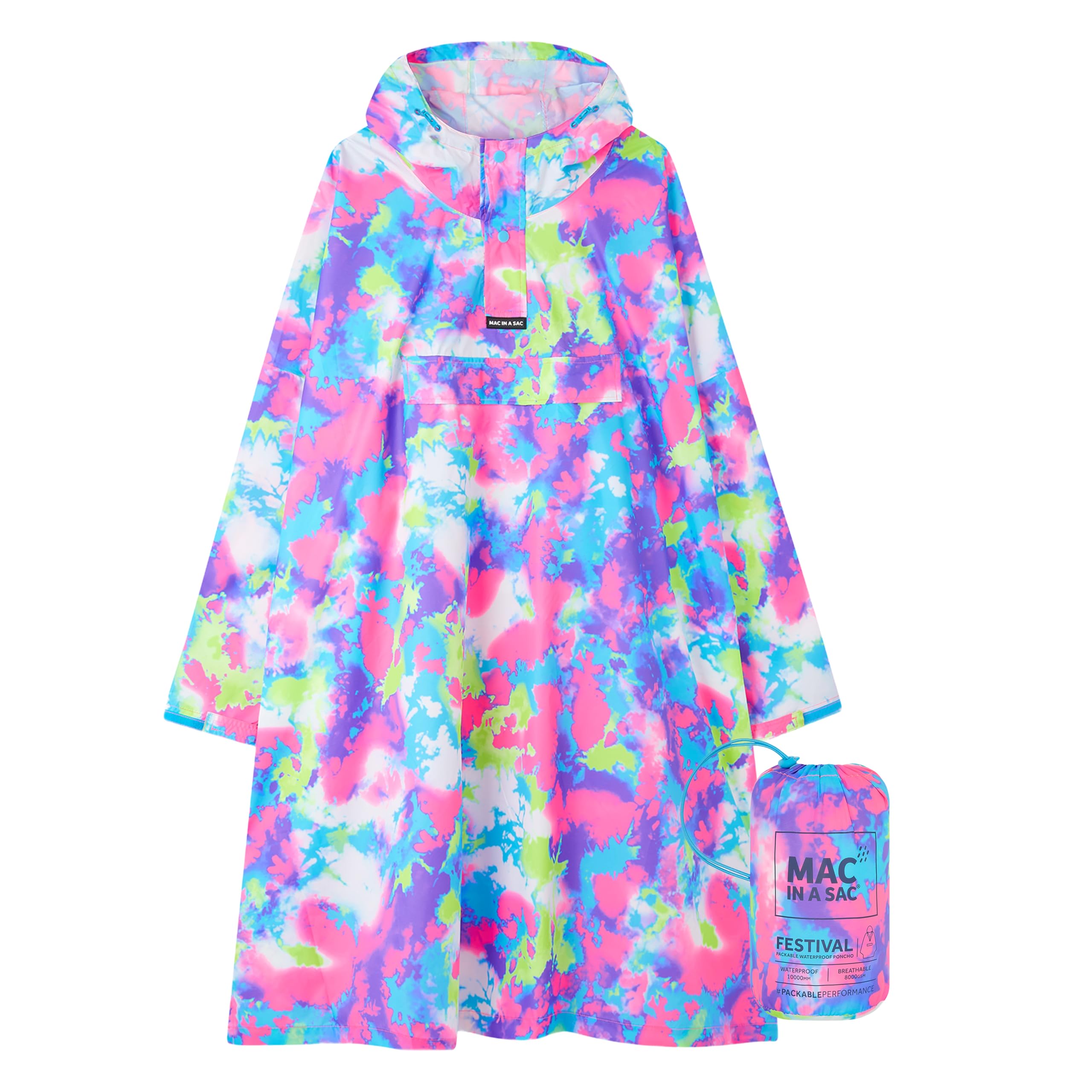 Mac in a Sac Festival Poncho - Packable Waterproof Cape - Unisex - Highly Breathable (8,000gsm) - Adjustable Snap Sides - Soft Focus