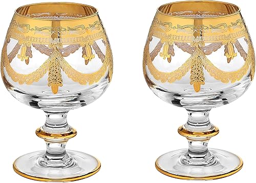 Interglass Italia - Juego de 2 copas de coñac decoradas a mano con cristal de cristal de lujo, diseño vintage de 24 quilates