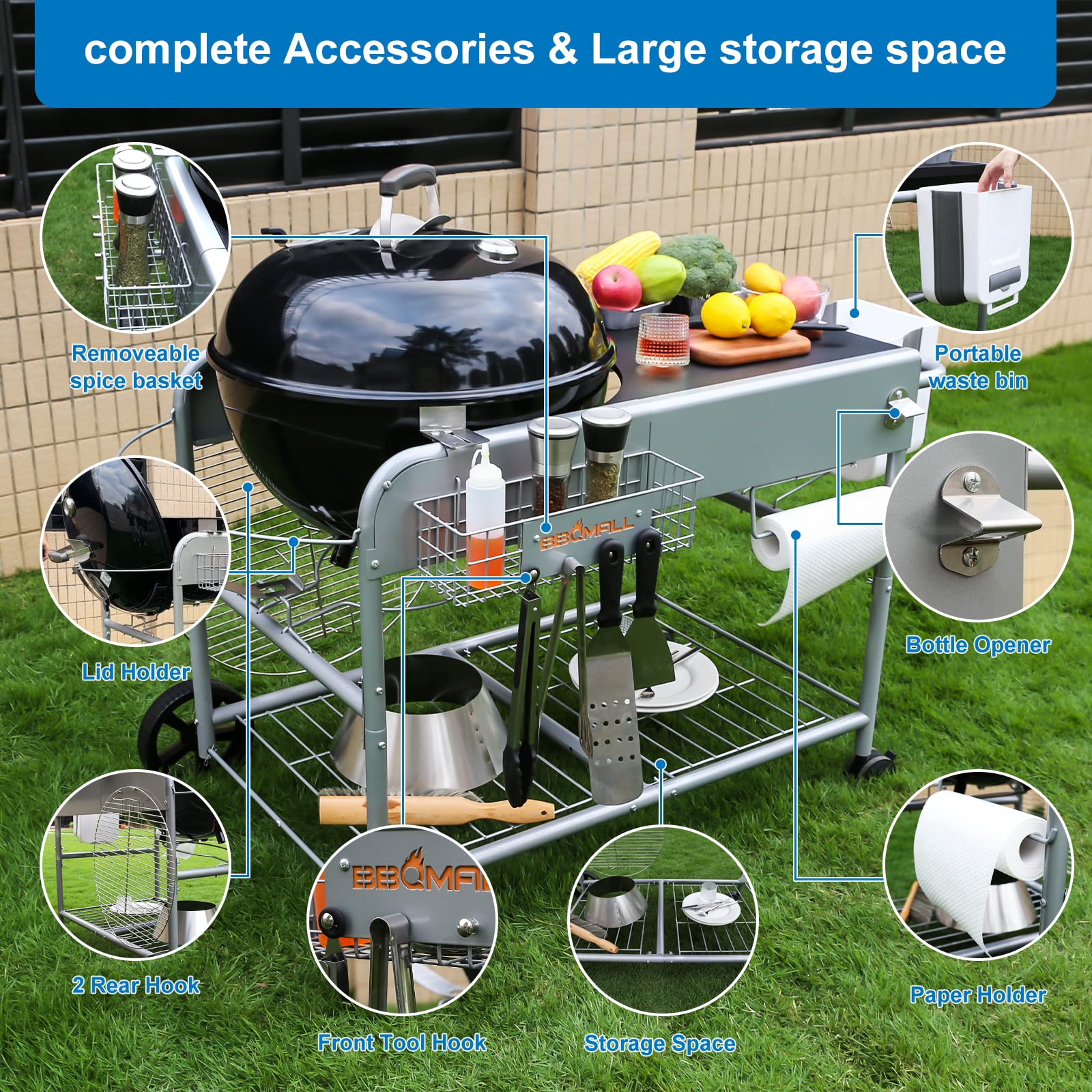 GFTIME Tavolo da Grill in Acciaio Inox Carrello da Grill per Weber 47 cm & 57 cm Original Kettle, Premium, Master Touch, Jumbo Joe Barbecue a Carbonella, Performer Barbecue a Carbonella con Supporto