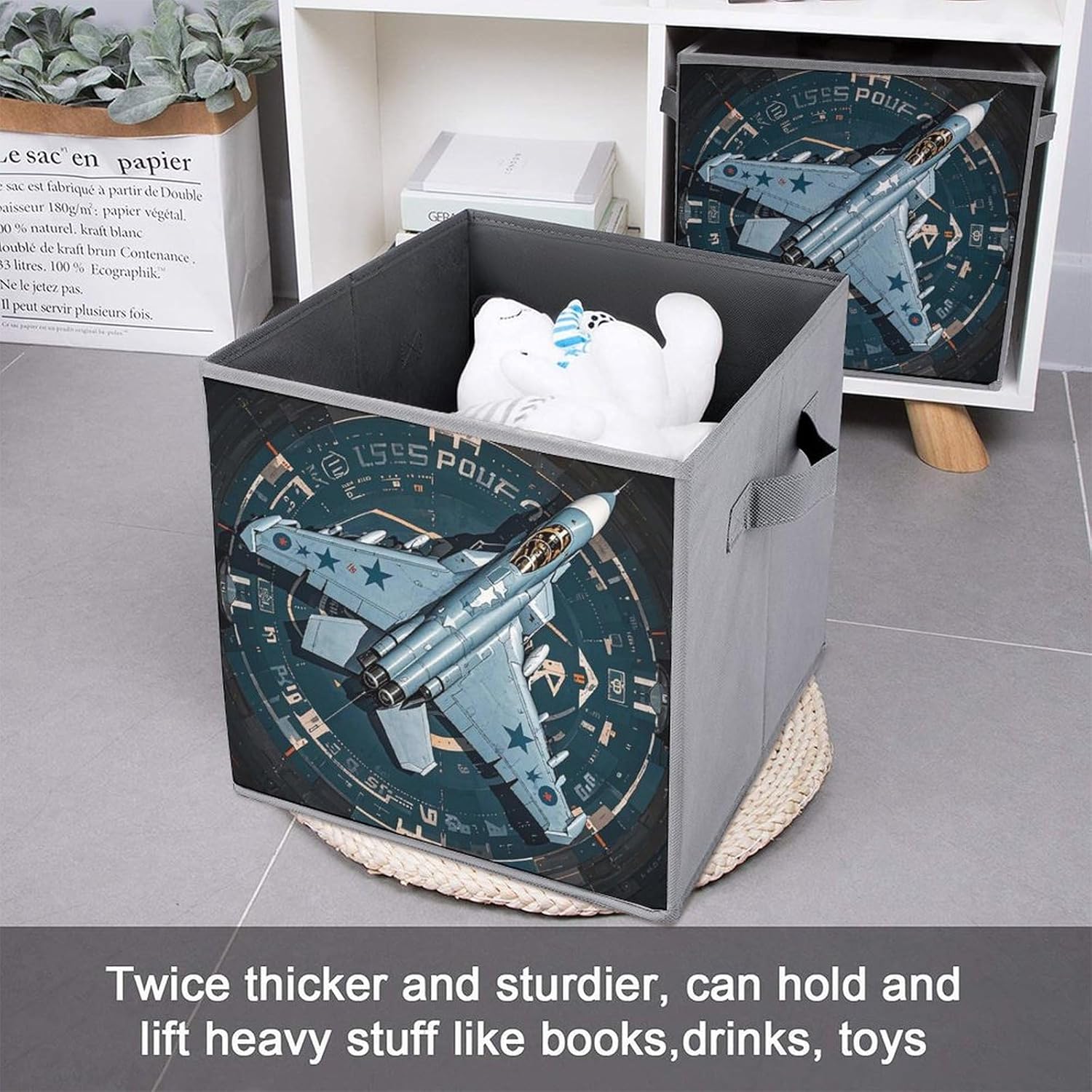 Air Force Fighter Jet Foldable Storage Box with Handles, Durable Oxford Storage Cubes, 2PCS Collapsible Closet Organizer for Home, Shelf, Office, Travel