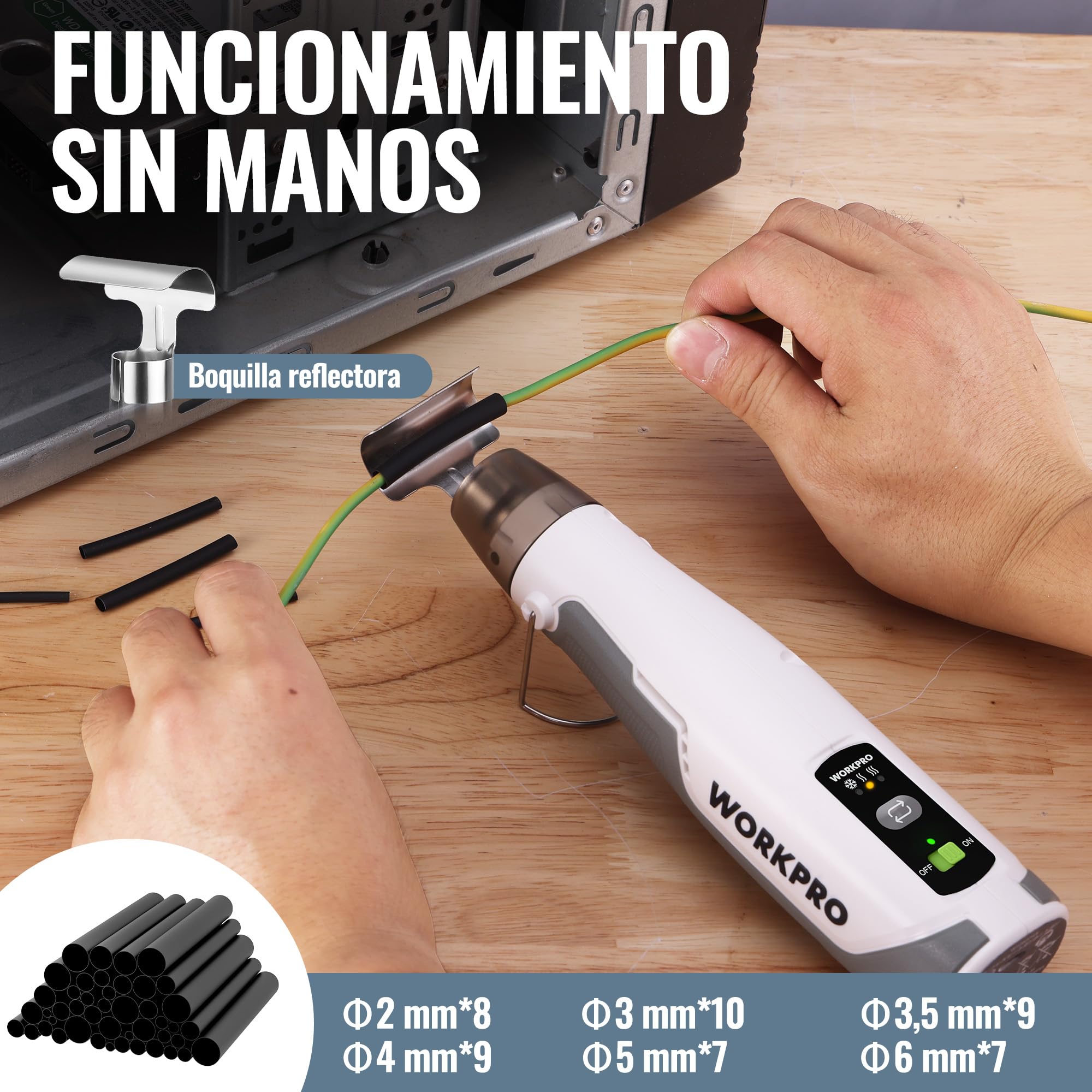 WORKPRO Pistola de aire caliente inalámbrica Mini, 3 ajustes de temperatura, calentamiento rápido con boquilla reflectora y 50 tubos termorretráctiles, ideal para bricolaje, repujado y manualidades