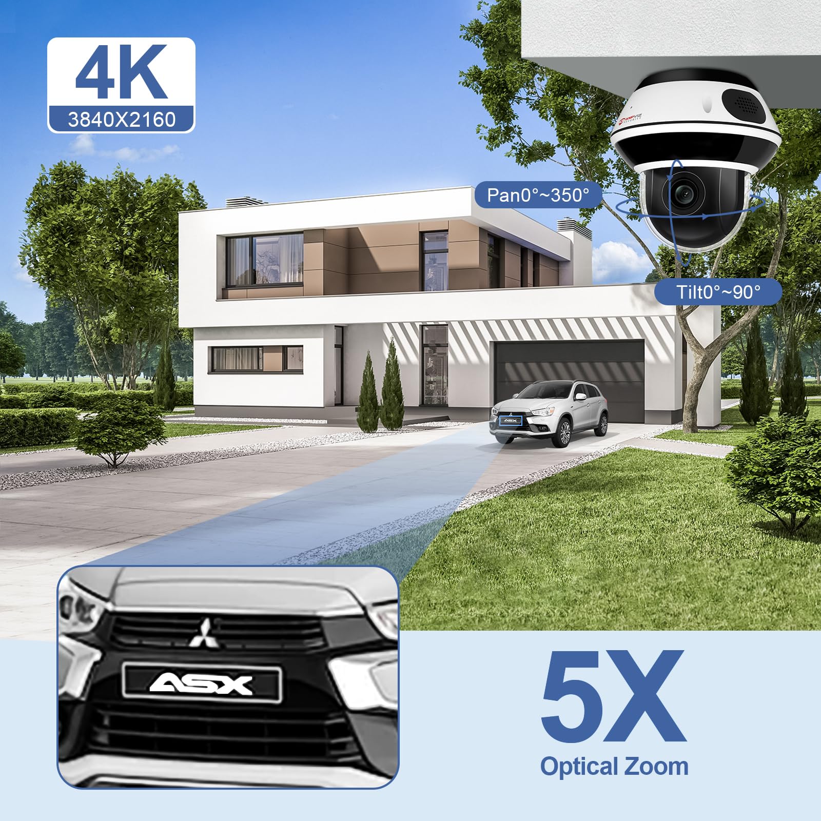 Anpviz 8MP Telecamera PTZ IP PoE Esterno, Zoom Ottico 5X, Sensore da 1/2,8" | Riconoscimento di Persone/Veicoli, H 350° V 90°, Slot per Scheda SD da 512GB, 30m Visione Notturna a Infrarossi(U Series)