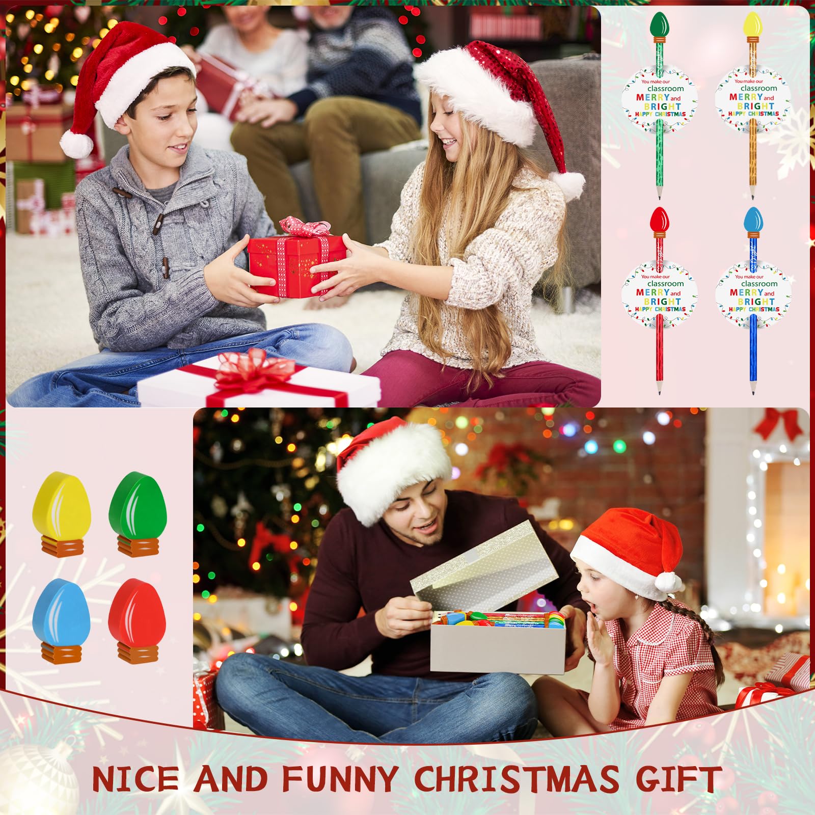 96 Sets Weihnachts-Bleistift-Radiergummis, Geschenke mit Glühbirne, Weihnachts-Bleistift-Radiergummi, Aufsätze, fröhliche helle Karten, Taschen, Mini-Glühbirnen-Radiergummis, mehrfarbig