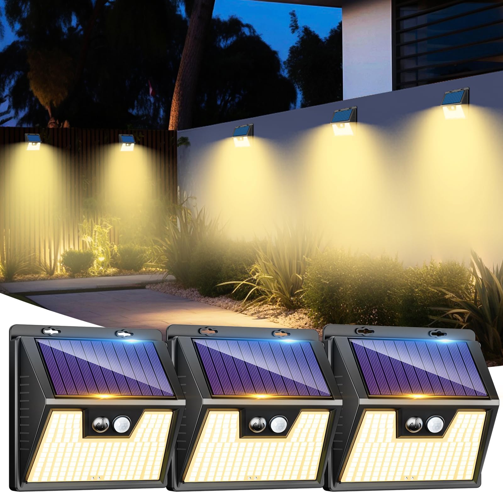 LOTMOS 3 Stück Solarlampen für Außen mit Bewegungsmelder, 176 Superhelle LED Solarleuchten für Aussen IP65 Wasserdichte, 3 Modi Solar Lampe Outdoor für Garten Garage Hof Draußen, Warmes Weiß