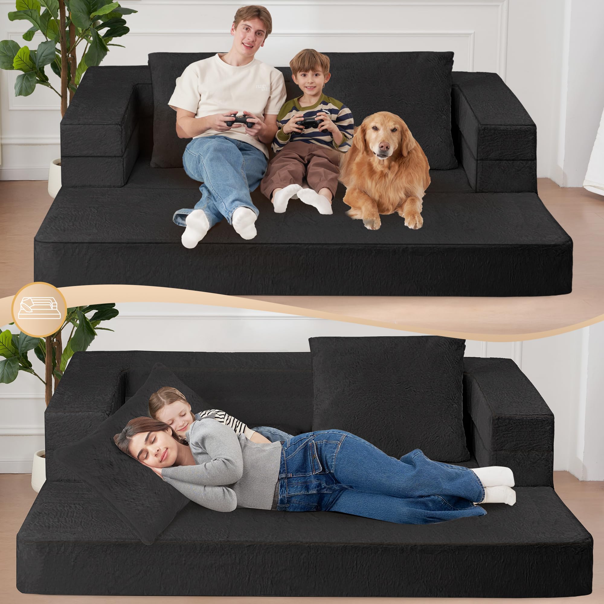 Futon Sofa Bed with Pillow, 3-in-1 Sleeper Sofa Bed with Removable Cover | Convertible Floor Sofa Bed with Memory Foam Filled, No Assembly Boneless Couch for Living Room, Bedroom（Black King）
