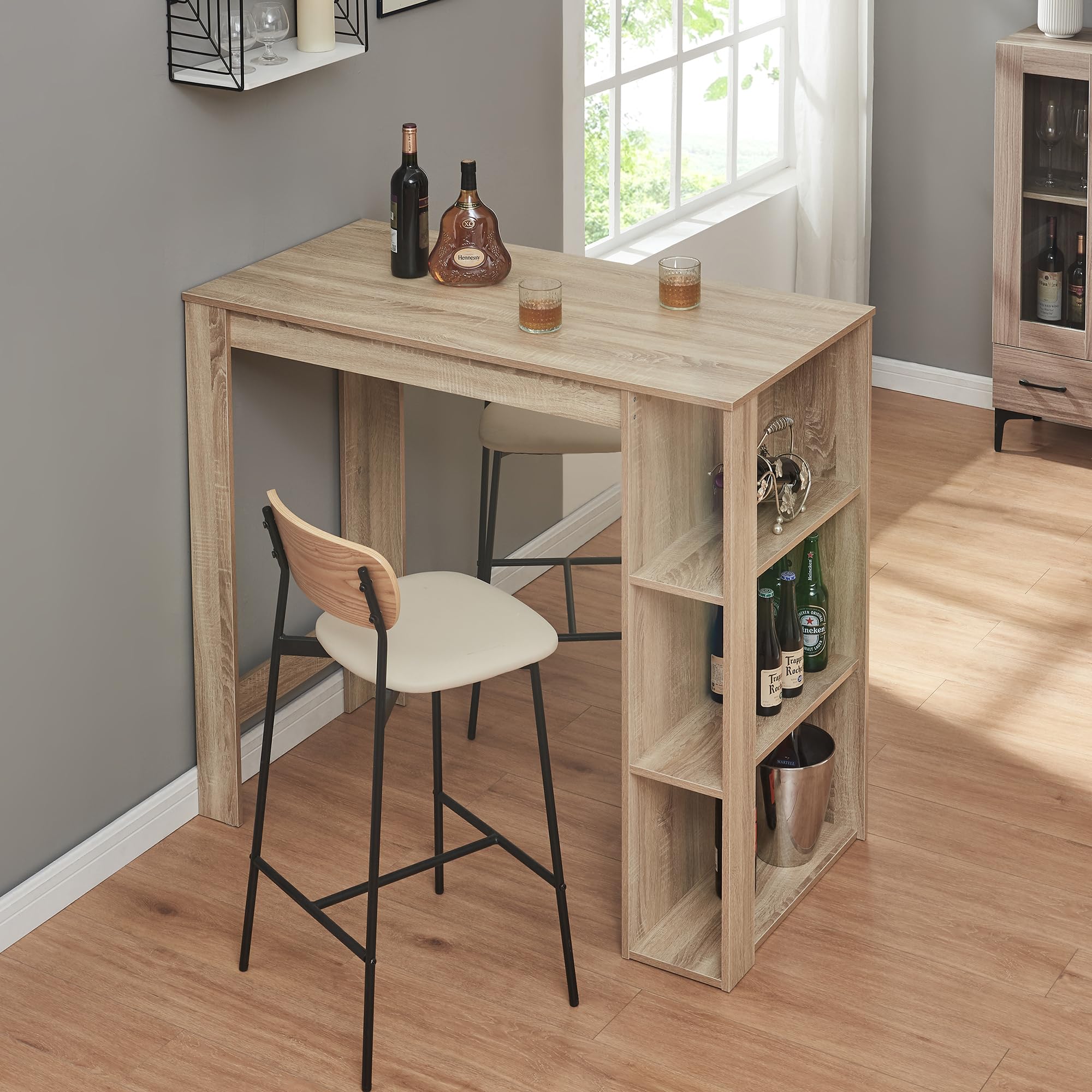 [en.casa] Table de Bar Design avec Surfaces de Rangement Table Bistrot avec 3 Étagères Panneaux de Particules 120 x 60 x 106 cm Effet Chêne