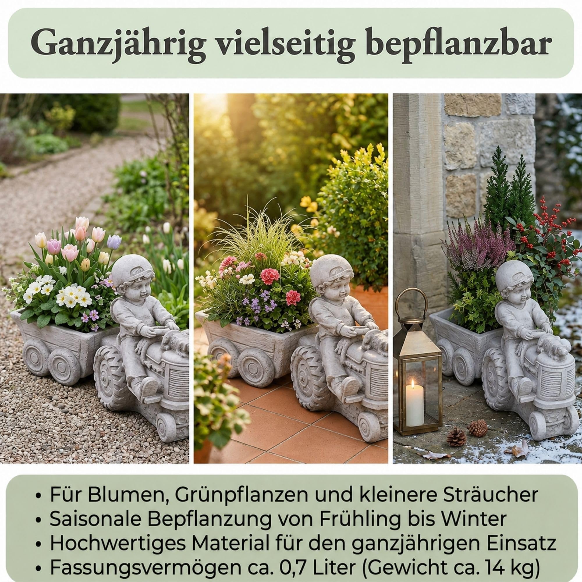 gartendekoparadies.de Gartendeko Junge mit Traktor und Anhänger als Pflanzgefäß, Steinguss Grau, H 32 cm, ca. 0,7 l, ca. 14 kg, frostfest bis -30 °C