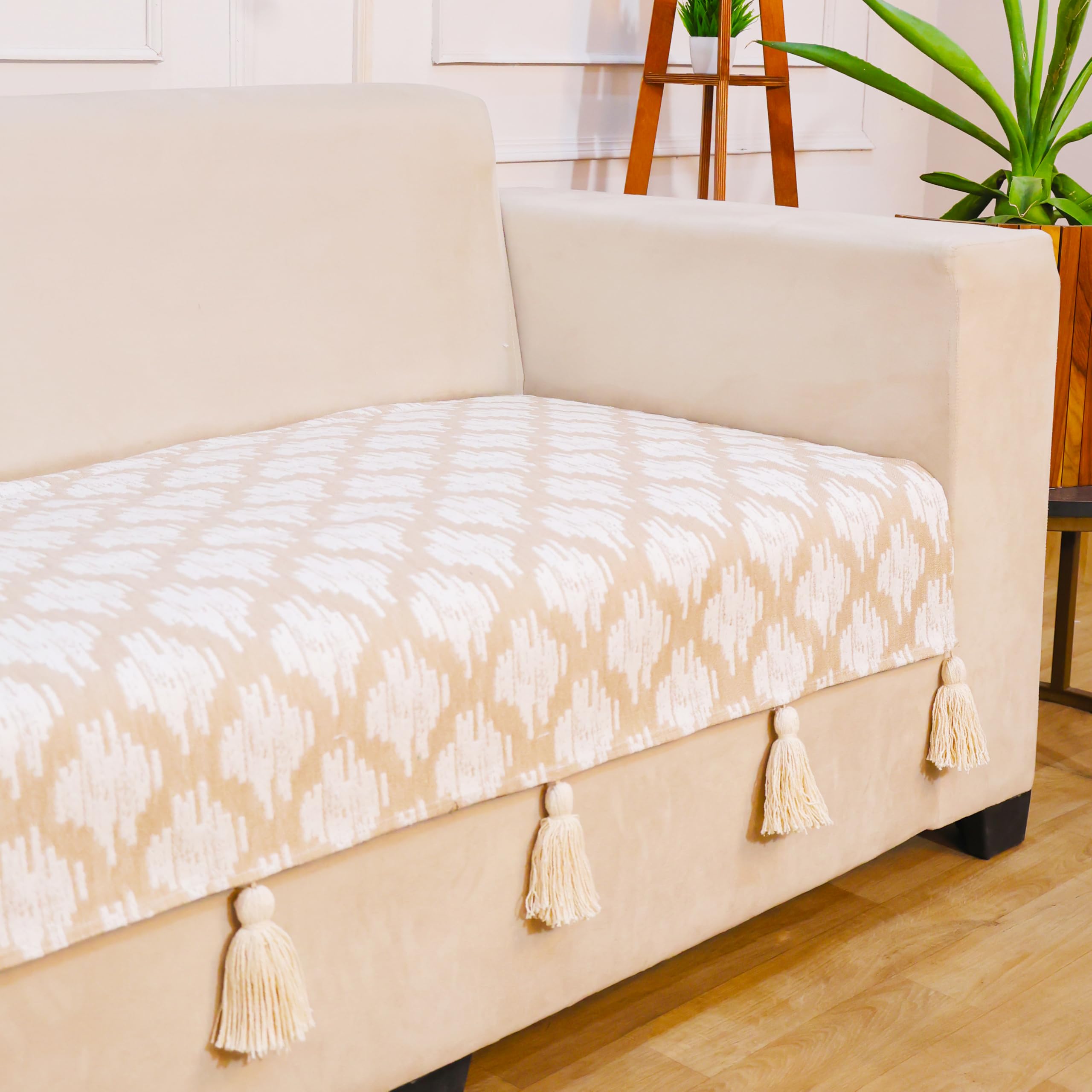 STITCHNEST 'Verdant Ikat Stories' 2 Seater Sofa Cover| Elegant Jacquard Fabric, Decorative Tassels, Washable & Durable for Modern Living