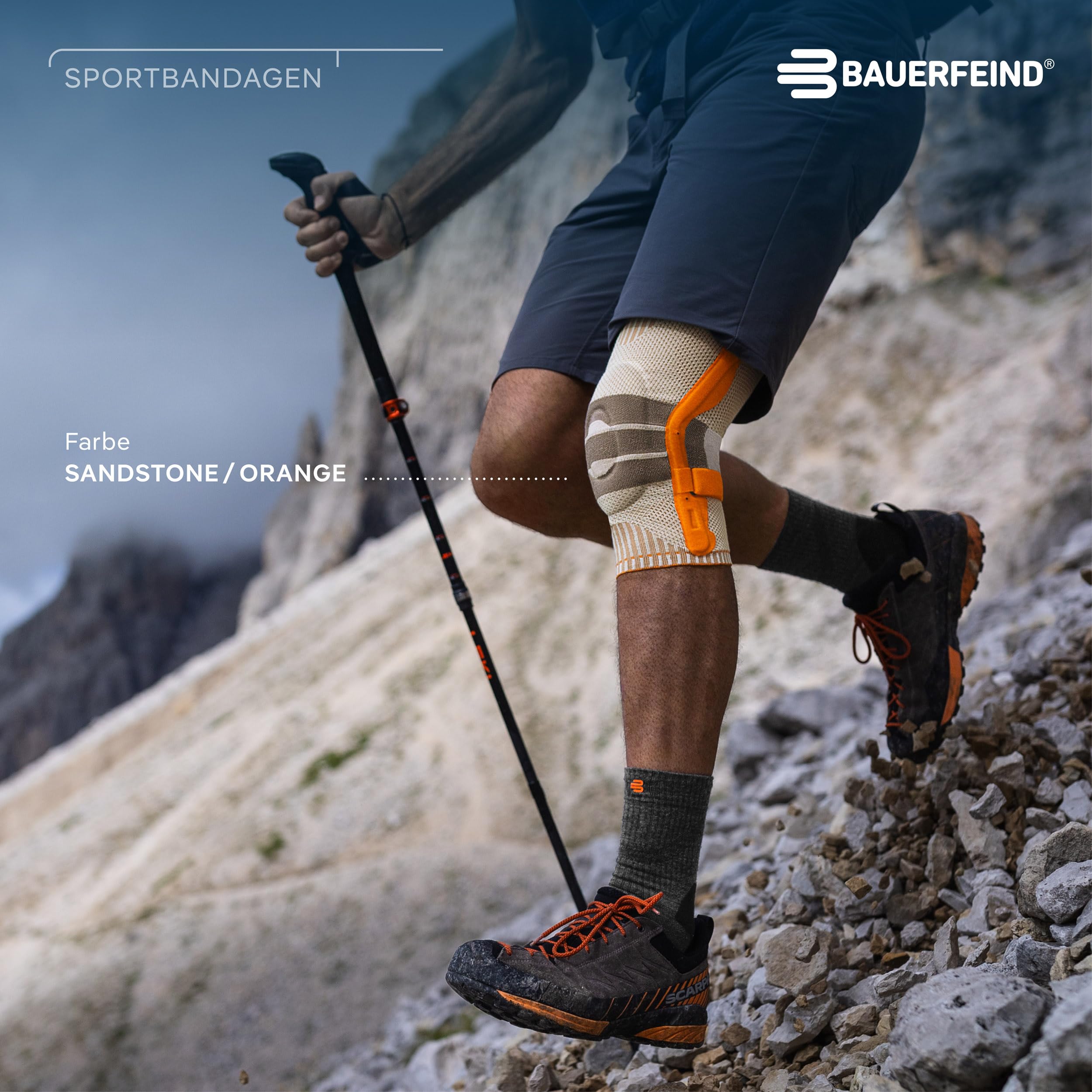 BAUERFEIND Kniebandage zum Wandern „Outdoor Knee Support“, 1 Unisex Wanderbandage zur Wanderausrüstung, Rechts & Links tragbar, Individuell einstellbarer Strap, Merino Wolle