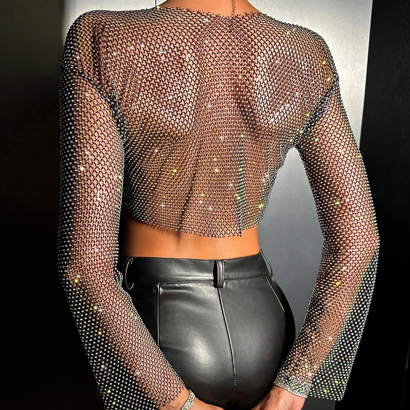 Manica Lunga Da Donna Sexy Stretch Hollow Out Mesh T Shirt Top Da Festa Con Strass Alla Moda