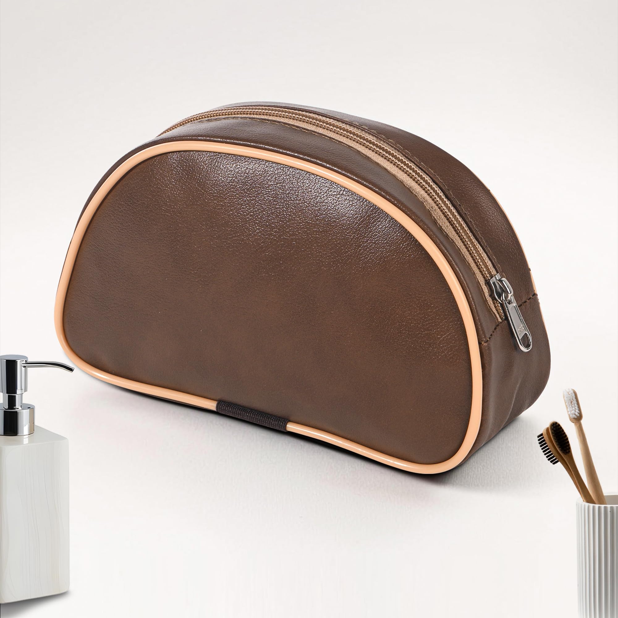 Kuber Industries Leather Water-Resistant Travel Organizer Pouch with Zip Closure | Toiletry Kit | Toiletry Pouch for Women & Men | D Zone Design - Brown-image-44