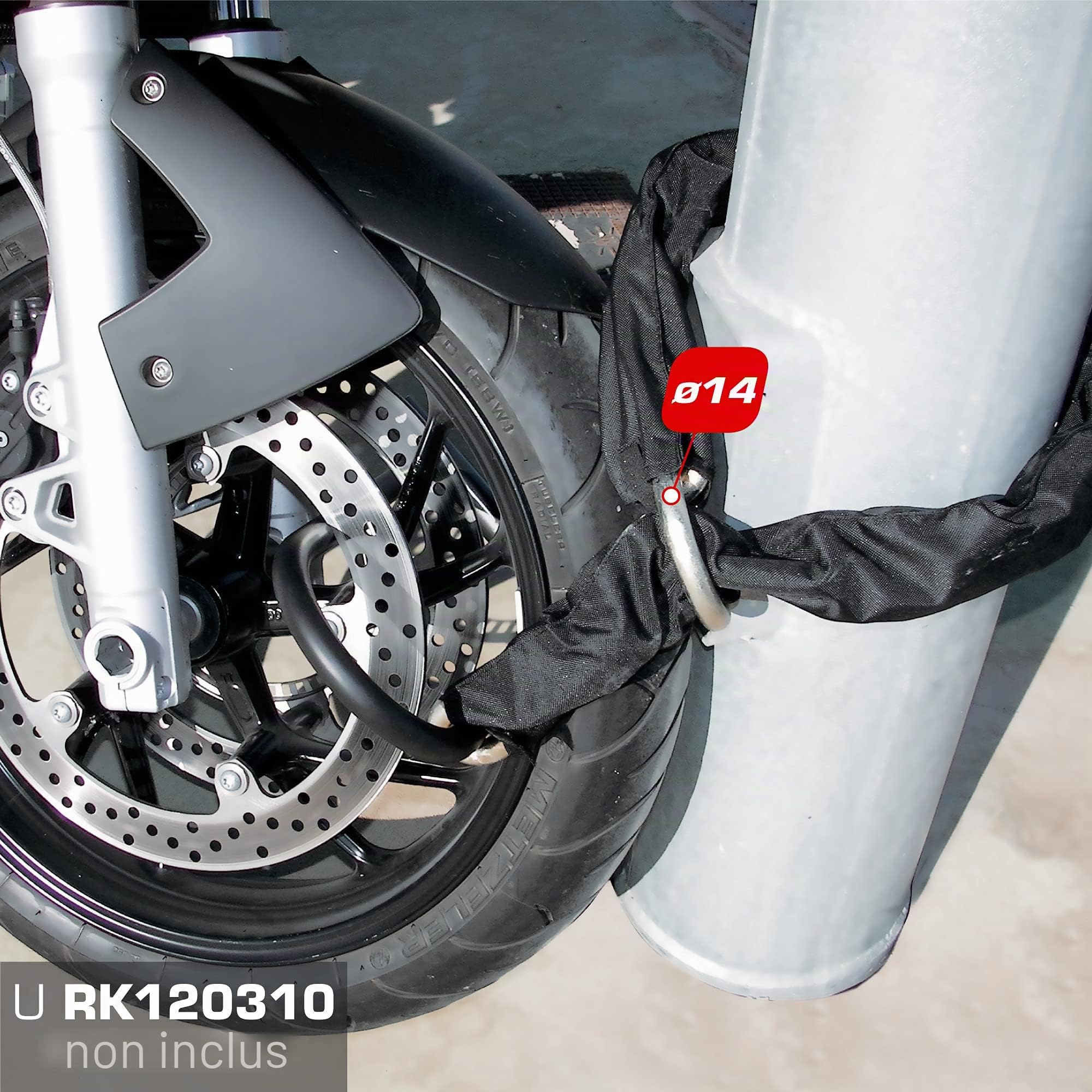 RADIKAL RK14120L Chaine Antivol Haute Sécurité, Maillons Acier Cémenté ø14mm, Anneau Boucle 120cm, Housse Textile, Cadenas Chaines Ancre Garage, Conteneurs, Portails, Moto, Scooter, Velo Electrique
