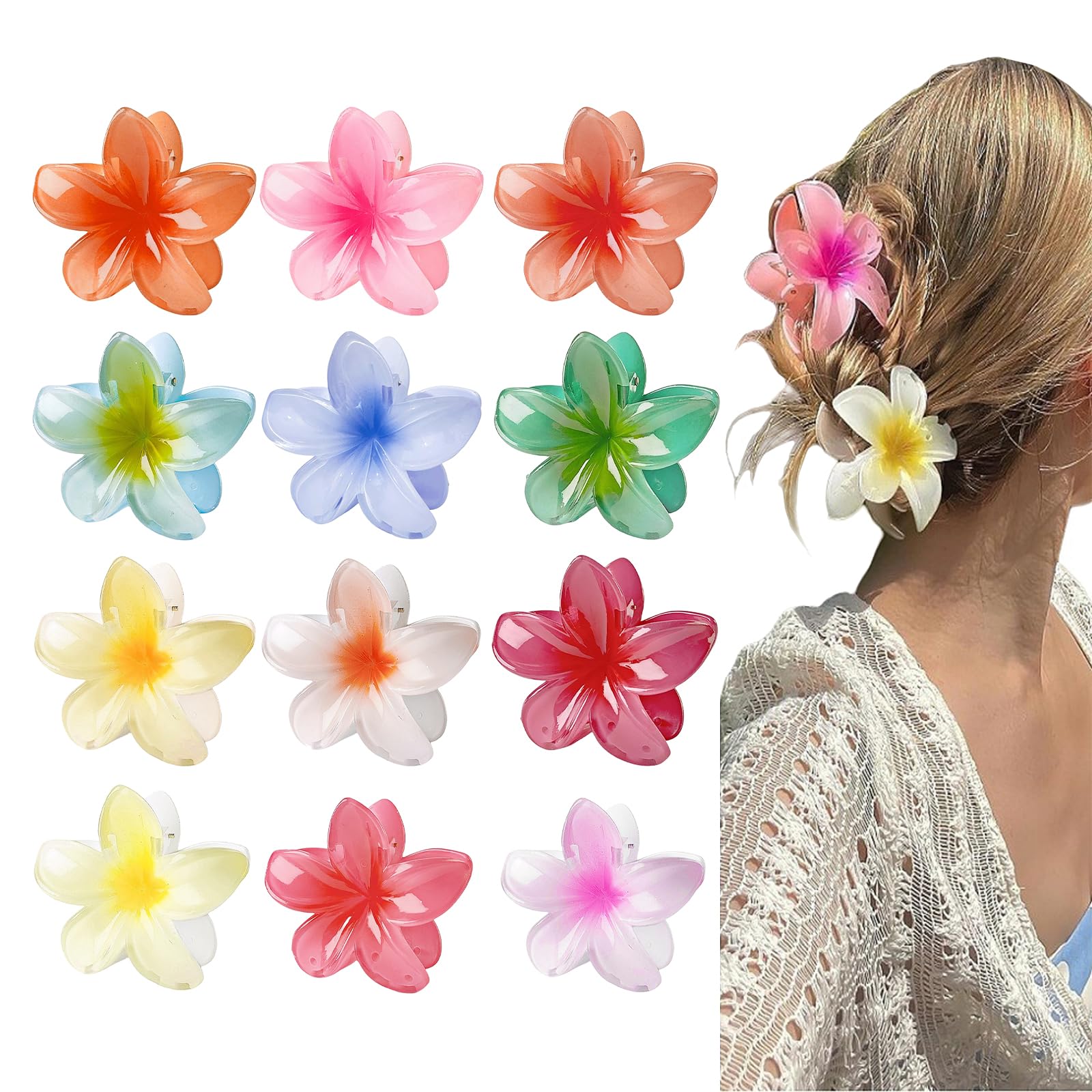 12 Pezzi Mollettone Fiore, Mollettoni a Fiore, Flower Hair Clip Antiscivolo, Fior Mollettoni Capelli Plastica, Pinze per Capelli Donna Elegante, per Corti Ricci Lisci Lunghi(12 Colori, 8 cm)