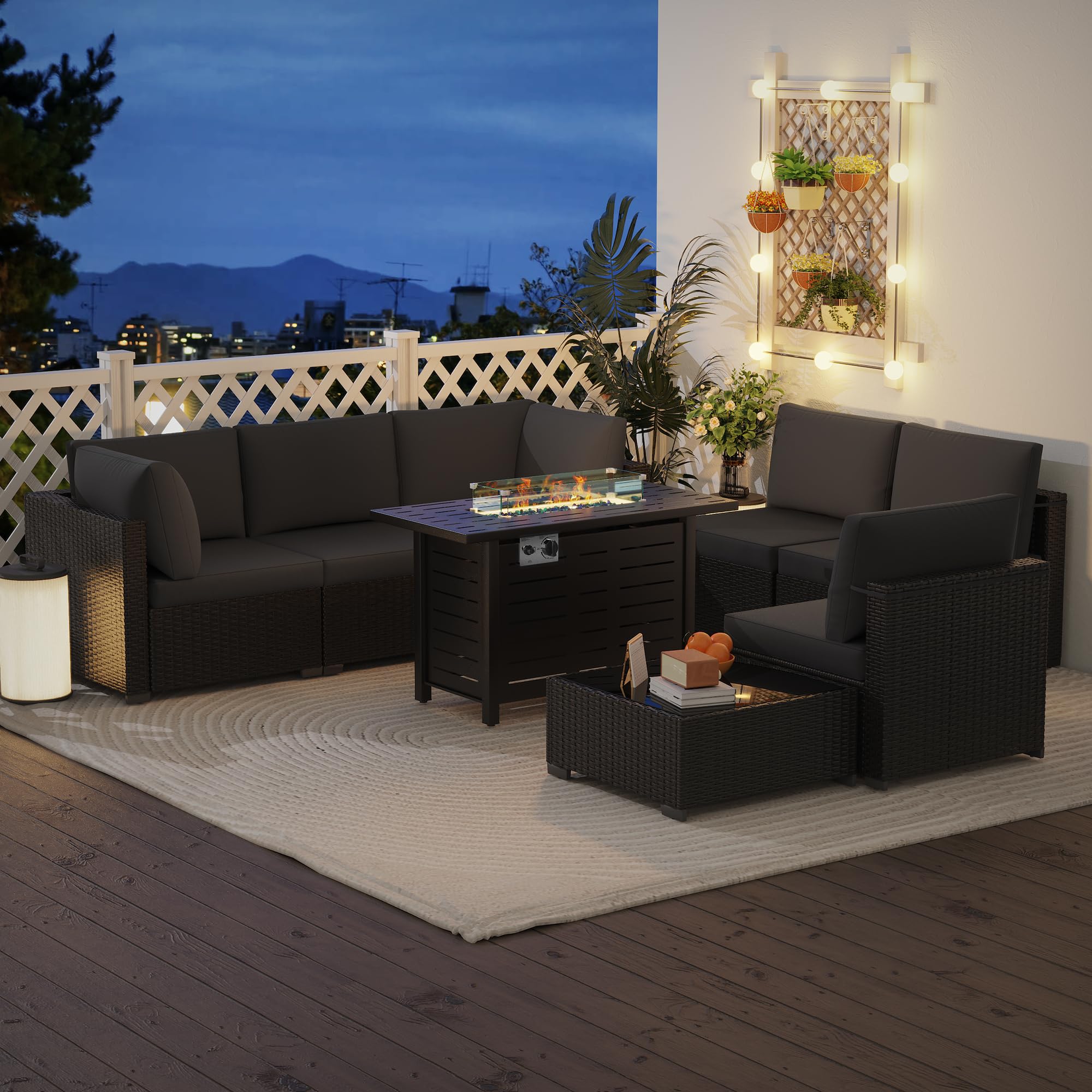 KIGOTY Patio Furniture Set with Fire Pit Table, 8 Pieces Outdoor Furniture Set with 43in Gas Fire Pit and Coffee Table, PE Rattan Patio Conversation
