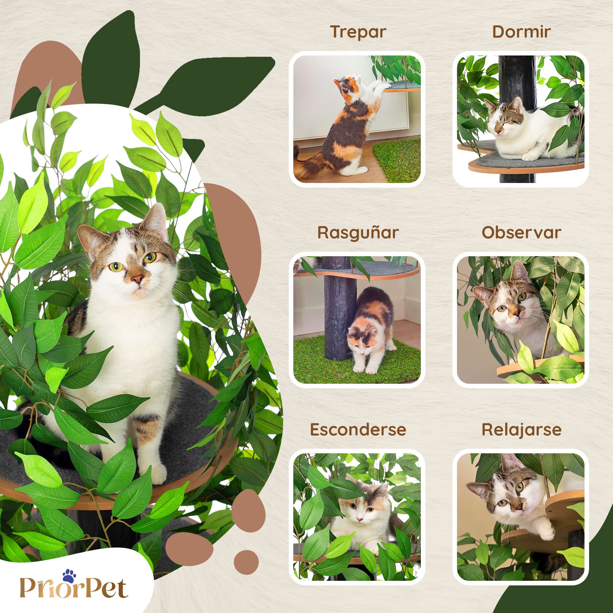 Árbol para Gatos para trepar, esconderse y Dormir - Rascador Patentado para Gatos con Hojas Intercambiables - Múltiples Niveles, fácil Montaje - Materiales Aptos para Mascotas, diseño Duradero