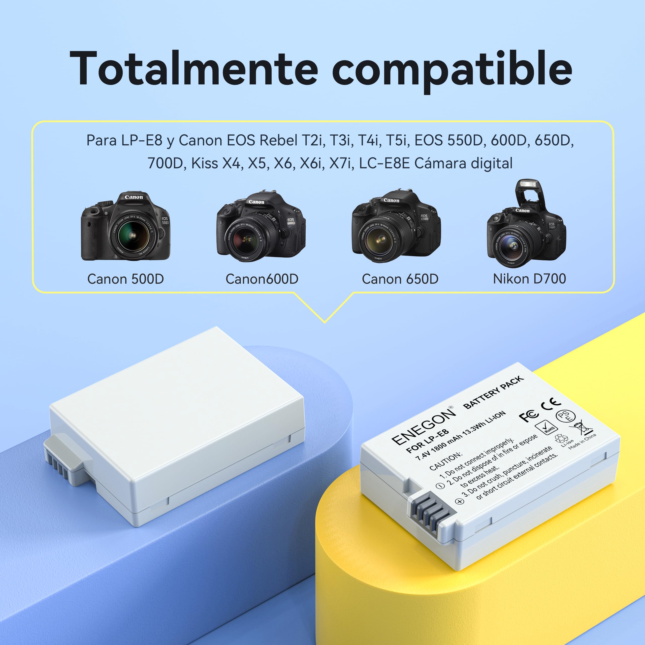 ENEGON LP-E8 Pack Doble de Batería (1800 mAh) con Cargador Rápido 20W y Estuche – Compatible con Canon EOS Rebel T2i/T3i/T4i/T5i, EOS 550D/600D/650D/700D, Kiss X4/X5/X6i/X7i