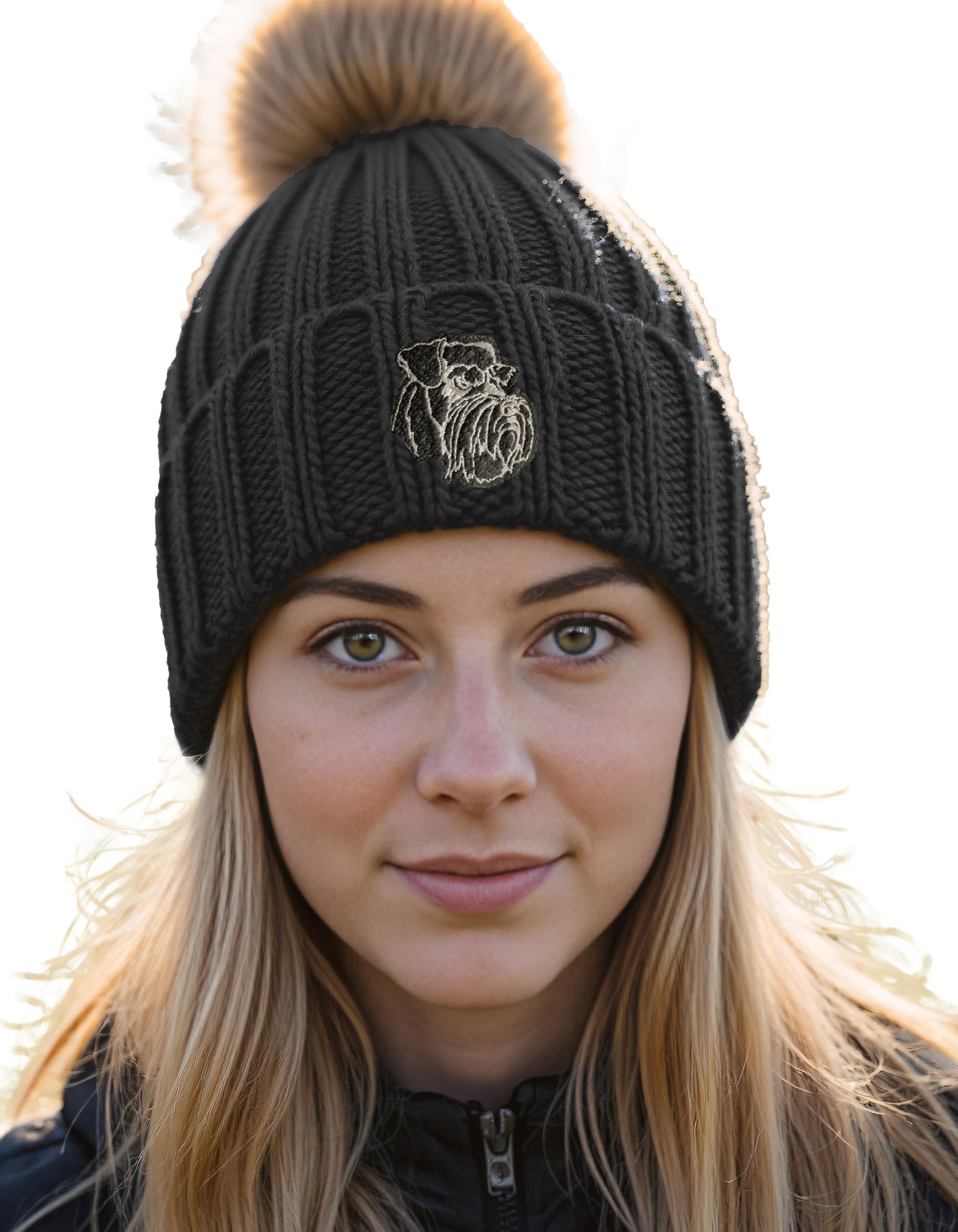 The House Of Dog Unisex Black The House Of Dog: Schnauzer Owner Gift. Faux Fur Pom Pom Chunky Knit Super Soft Embroidered Beanie