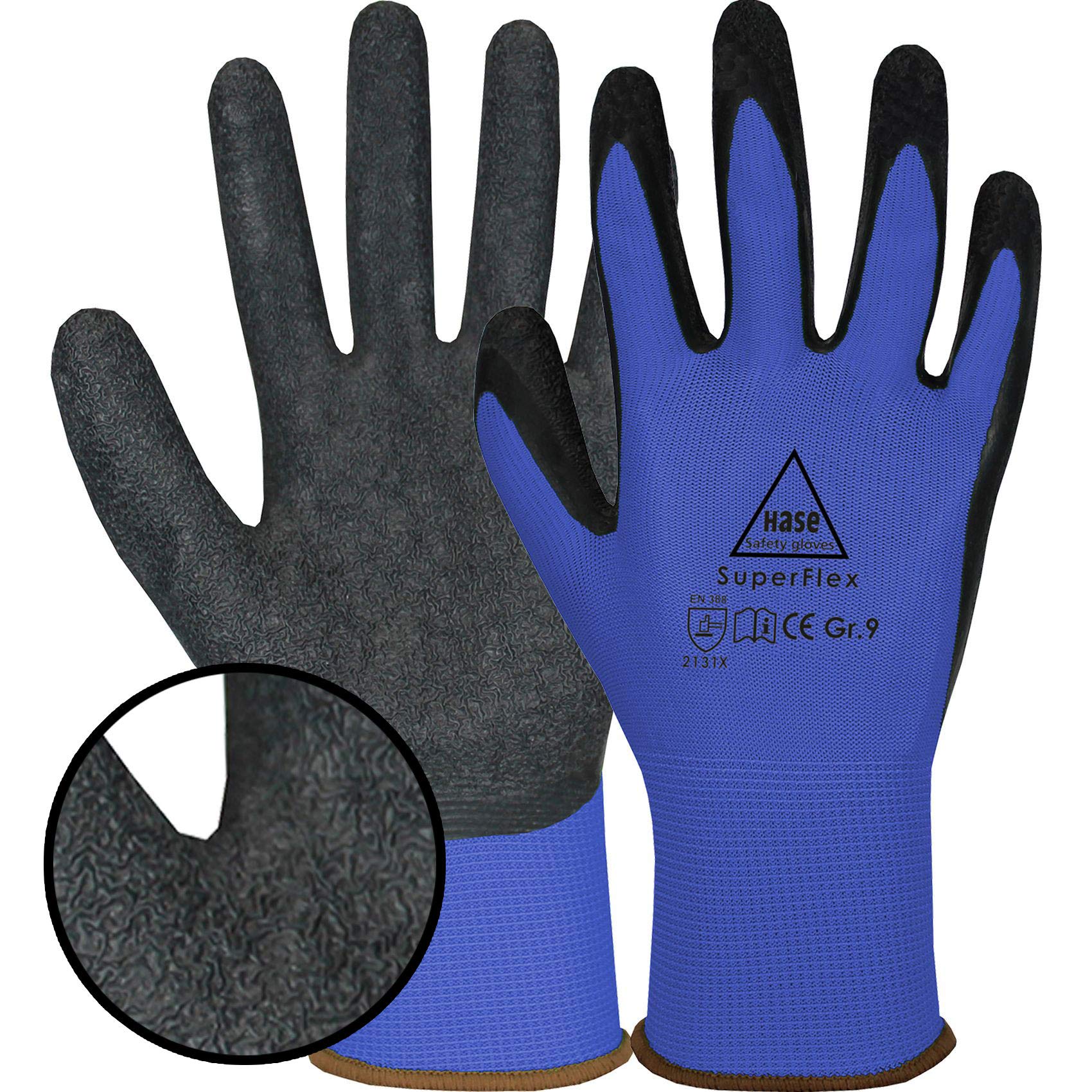 10 Paar Hase Superflex Arbeitshandschuhe mit Latexbeschichtung, Rutschfeste Gartenhandschuhe, Angenehmer, Ideal für Handwerk, Gartenarbeiten, Industrie Blau Gr. M (08) bei Günstiger Preis