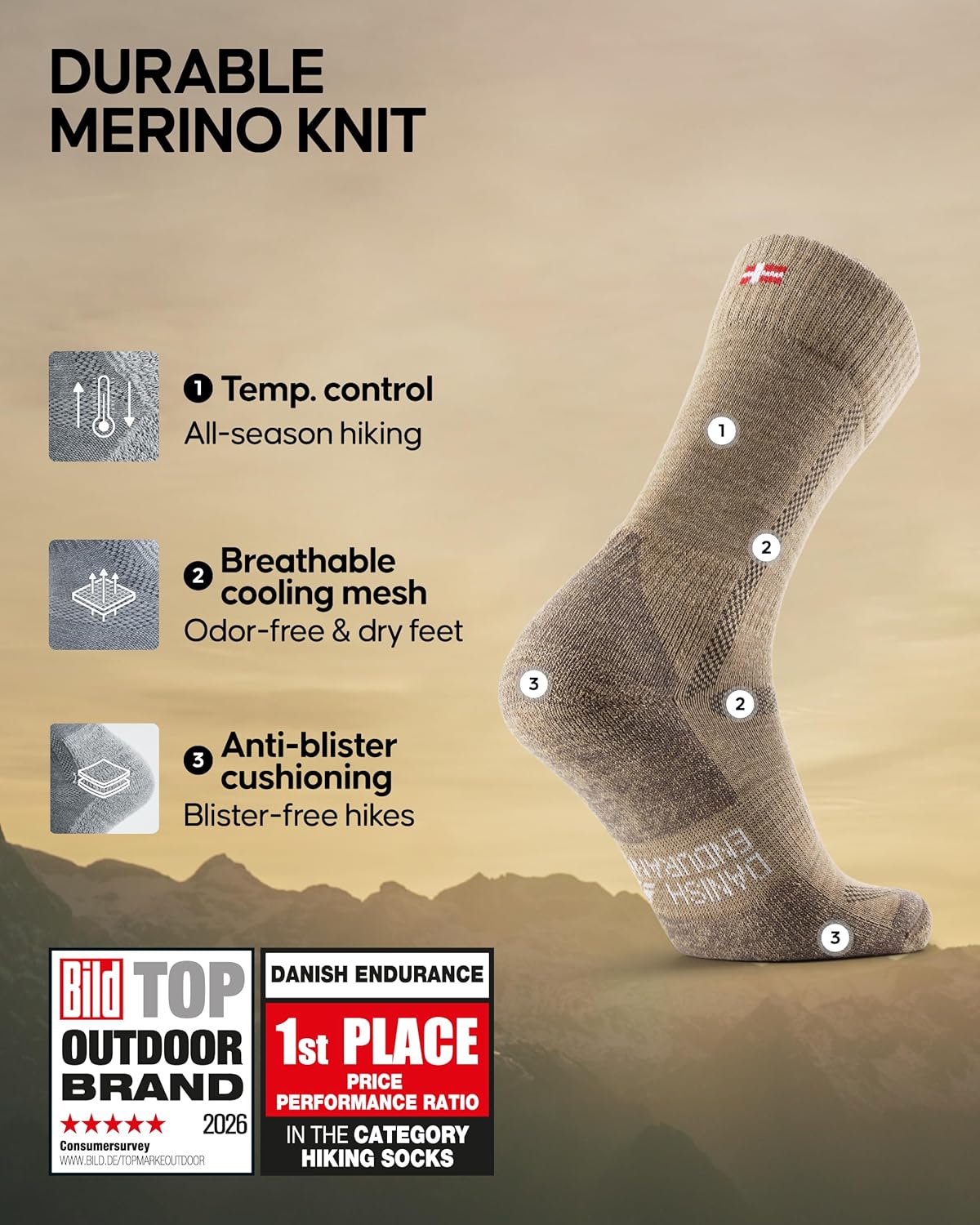 DANISH ENDURANCE Merino Wool Hiking Crew Socks for Men & Women, Cushioned Anti-Blister, Breathable - 3 Pairs - Image 2