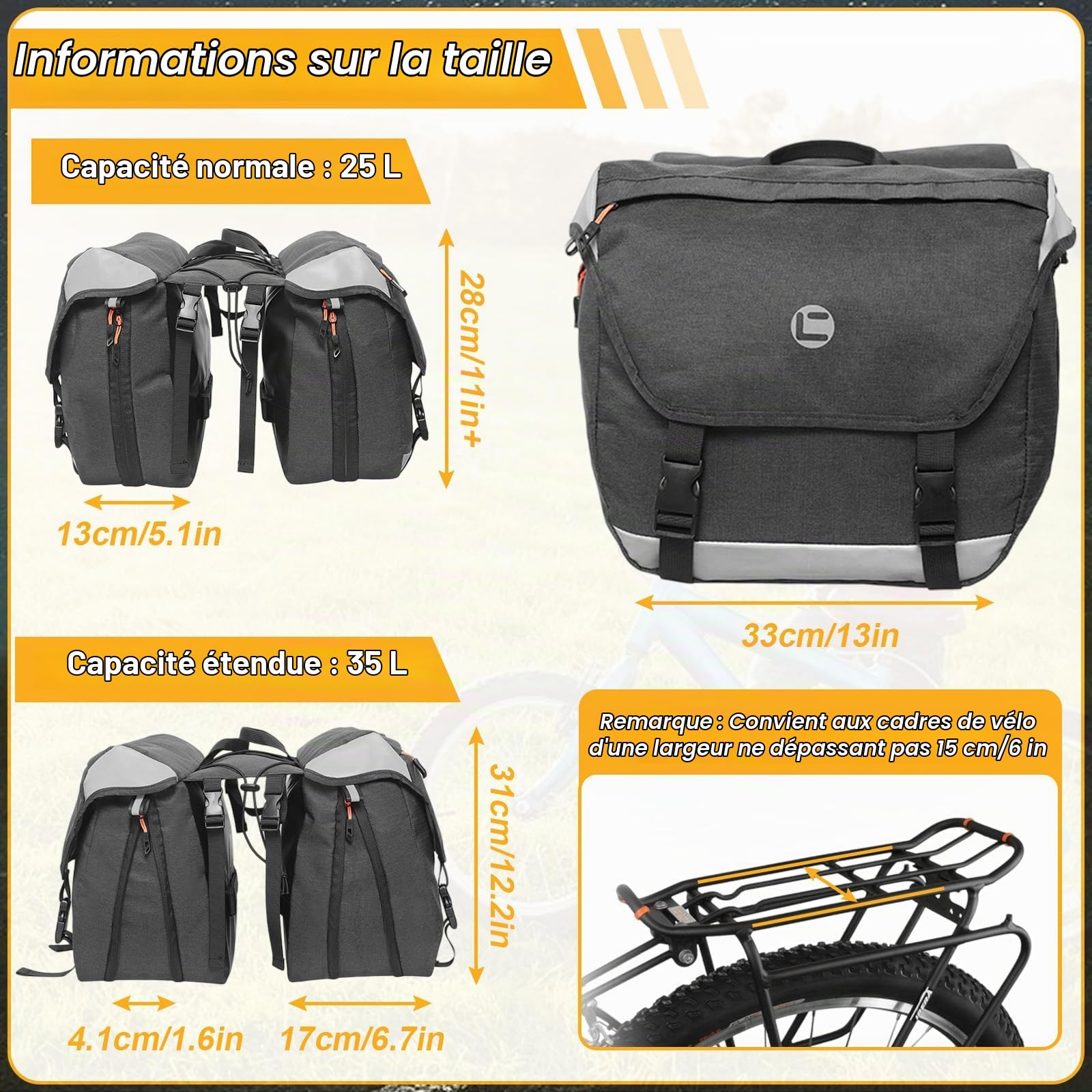 Sacoche Vélo avec Réflecteurs Housse Pluie & Poignée, Sacoches Porte Bagage Arrière Imperméable, Accessoire Voyage Sac Bagages Selle Bilatéral Etanche Multifonction pour VTT, Électrique, Navetteur