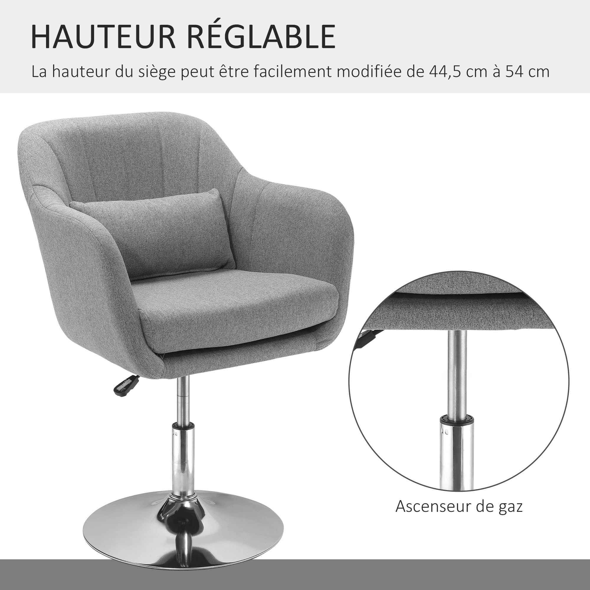 HOMCOM Fauteuil de Salon Chaise Relax Fauteuil de Chambre Grand Confort - Coussins lombaires Hauteur réglable pivotant 360° piètement en métal chromé - Gris