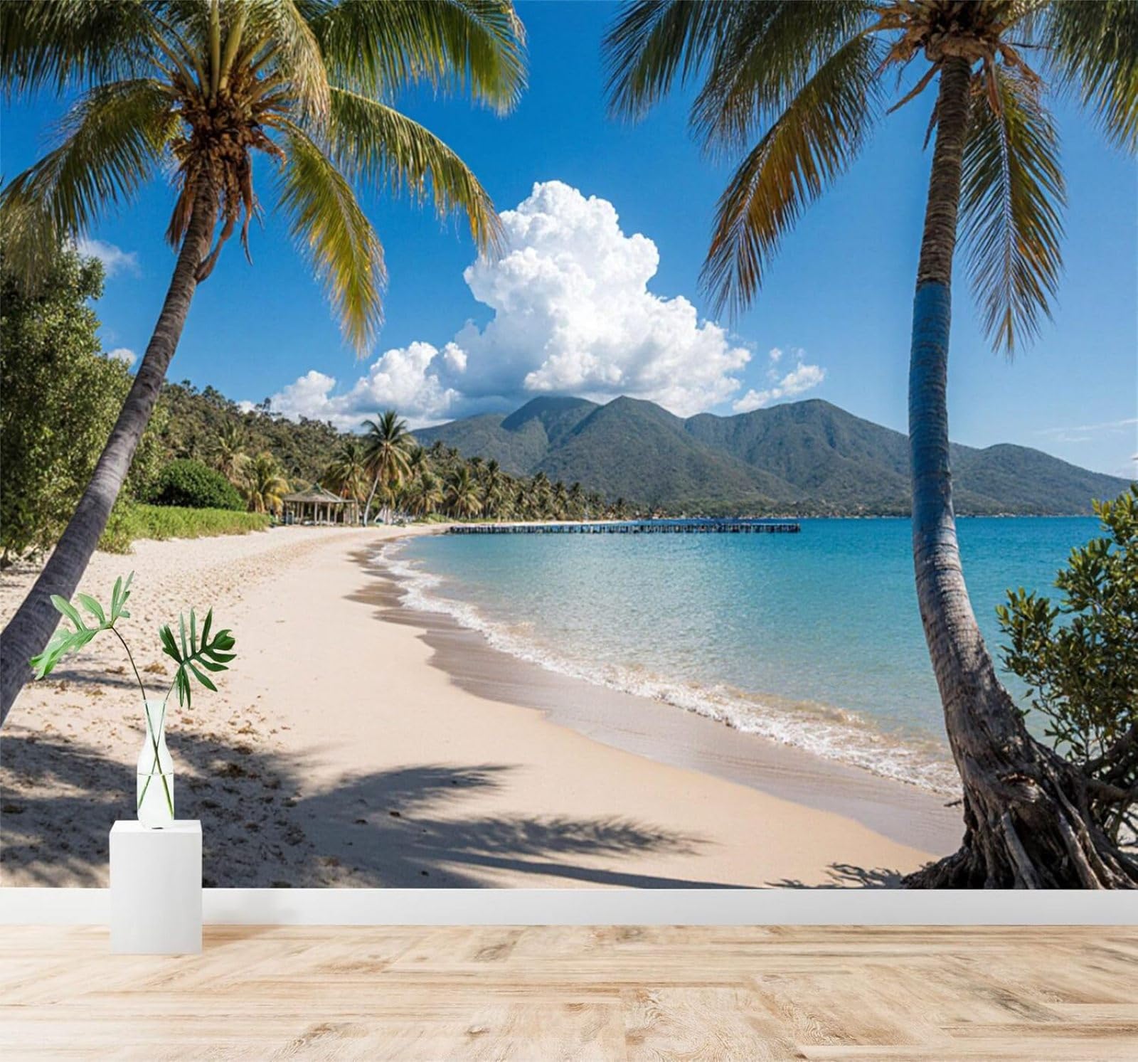 XLMING Tropical Palm Trees Beach Blue Ocean Mountain Scenery 3D Wallpaper Premium Textured Silk Study Dining Living Room Bedroom Sofa TV Wall Easy Install-300cm×210cm