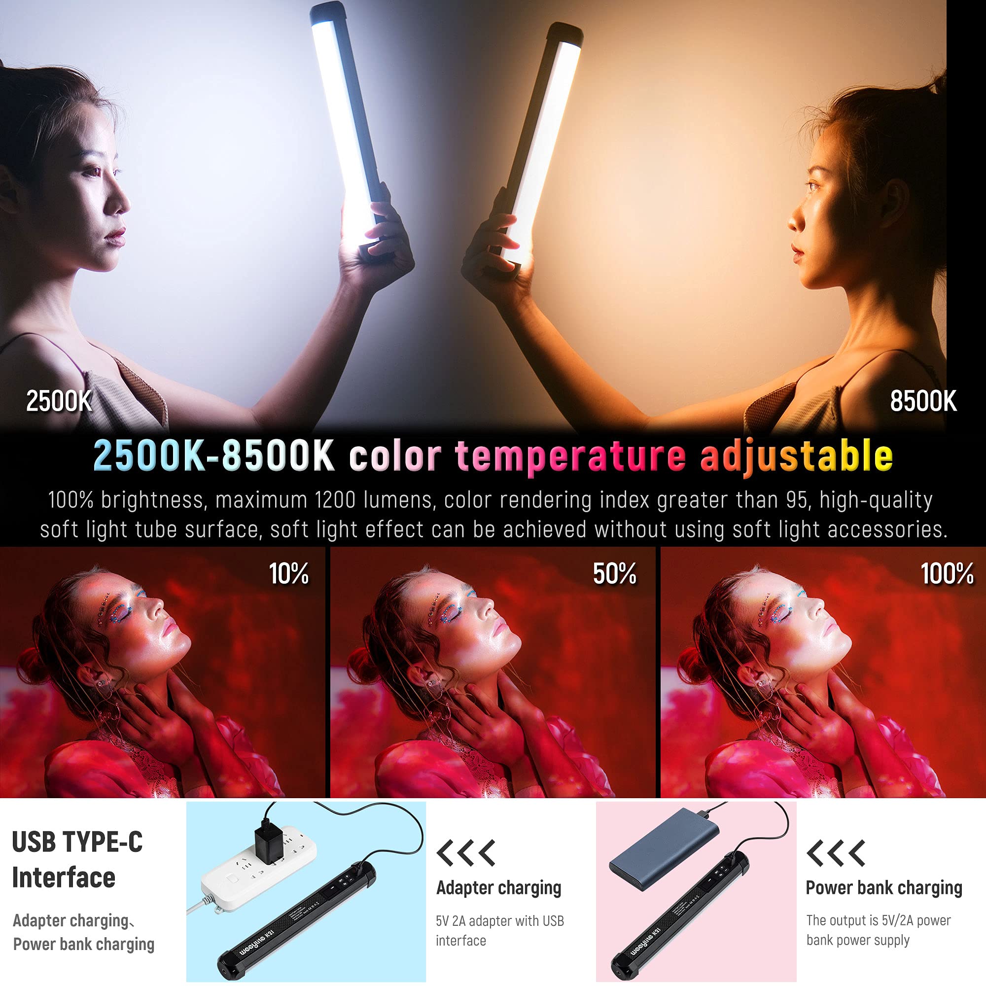 Weeylite K21 RGB Varita de luz de vídeo LED de mano para fotografía, 1200 lúmenes con control Bluetooth (APP), regulable a todo color, 2500-8500 K, imán integrado recargable y de larga duración