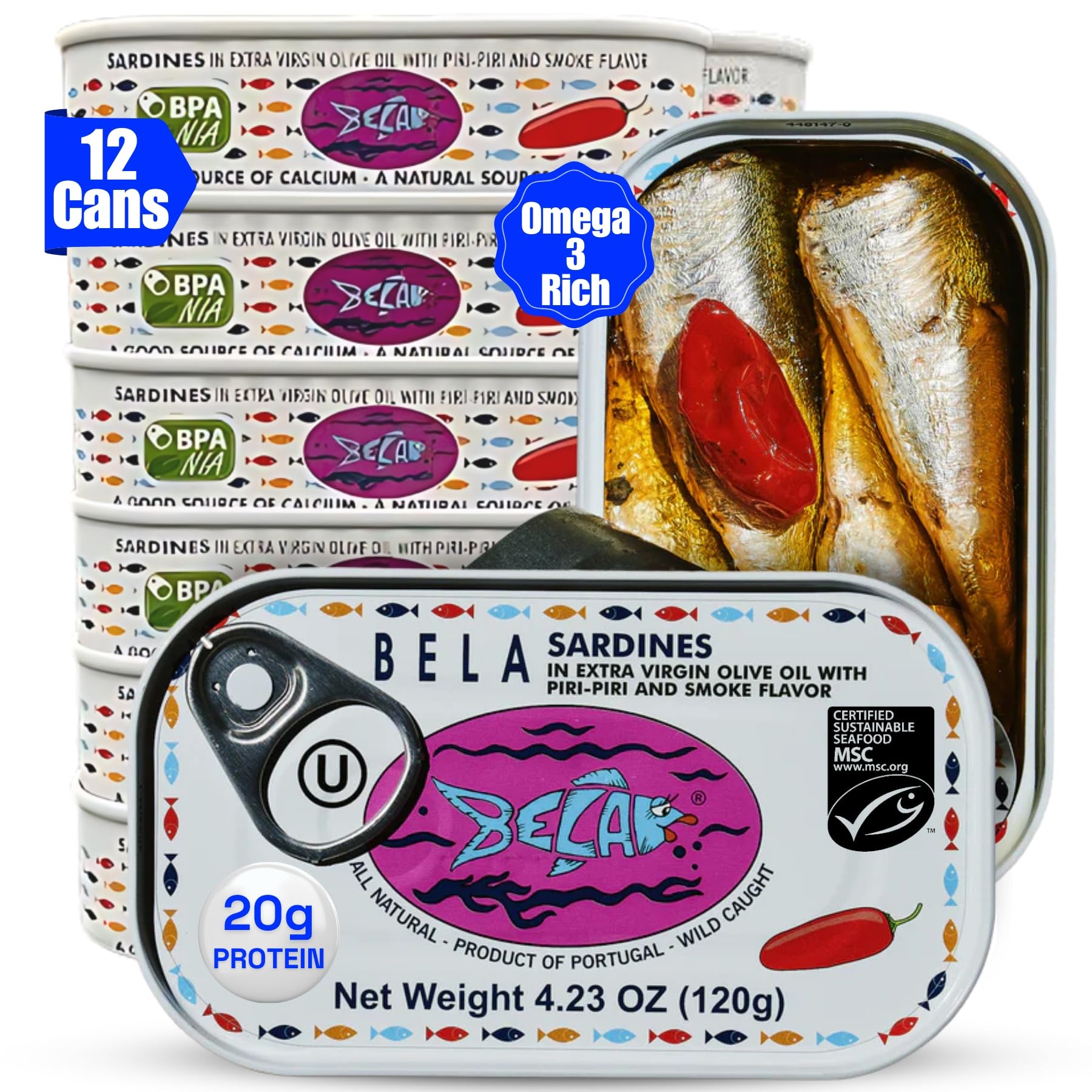 BELA Wild Caught Portuguese Sardines - Lightly Smoked and Marinated in Piri Piri Flavored Extra Virgin Olive Oil | 4.25 Oz (Pack of 12) | All Natural, High Protein, Hand Selected, Sea Salted, & Omega 3 Rich