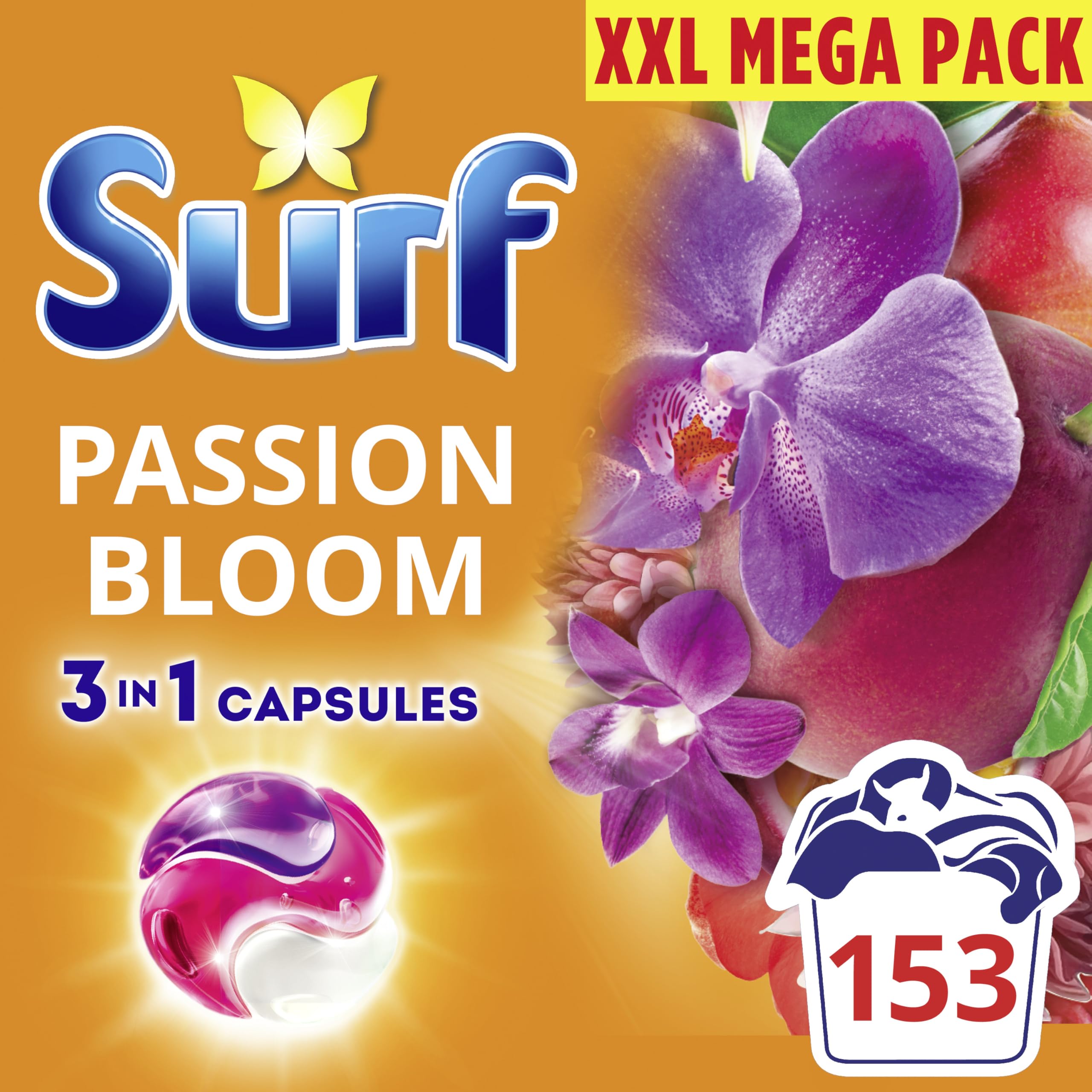 Surf 3 in 1 Passion Bloom Laundry Washing Detergent Capsules joy-infused fragrance with natural essential oil lasting up to 12 hours in wear for brilliantly clean results 153 washes (3x 51 capsules)