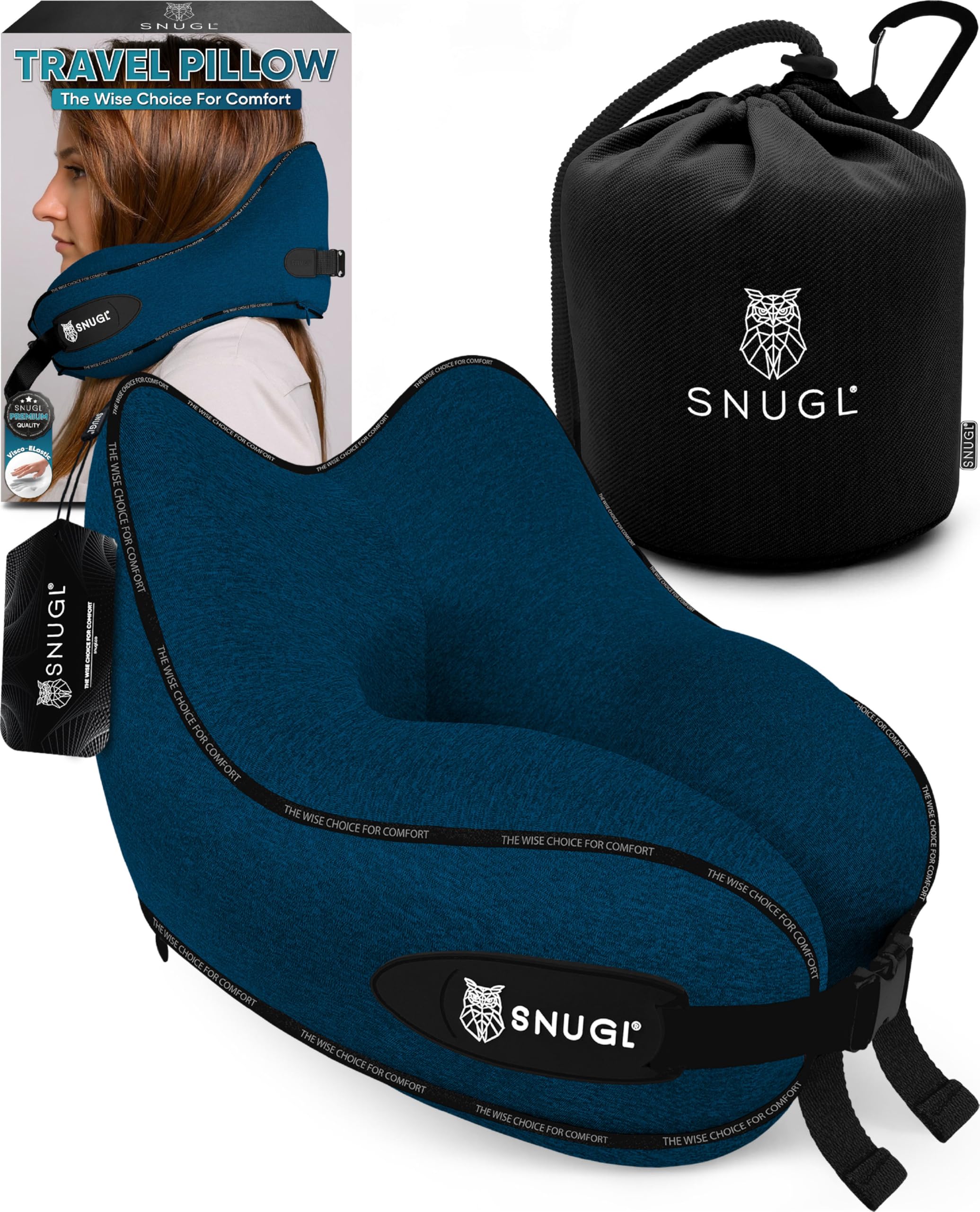 SNUGL Travel Pillow – Memory Foam Pillows - Neck Pillow for Airplane with Carry Bag & Clip – Neck Support Pillows for Pain Relief - Airplane Travel Essentials (Adult Regular - Navy)