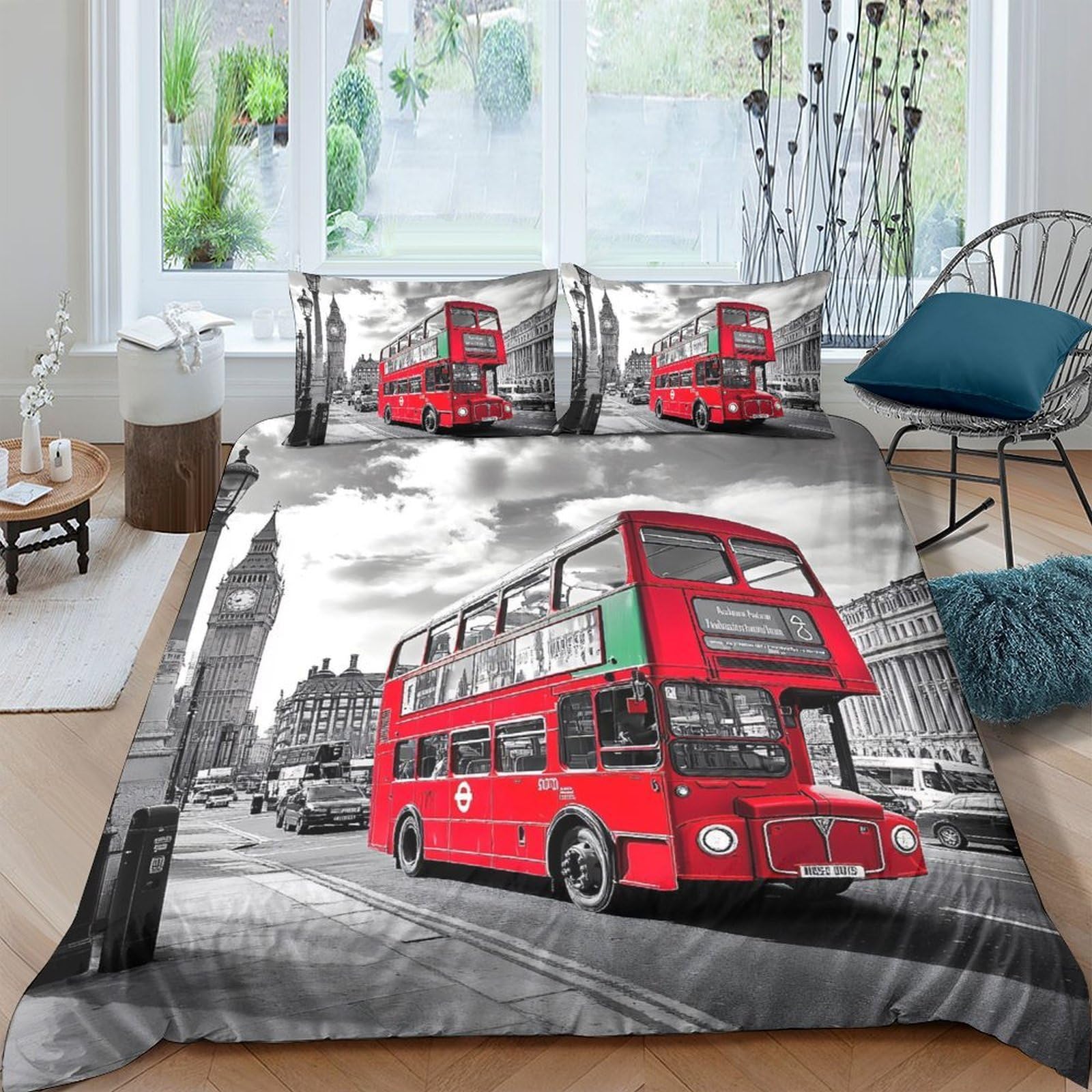 Ctjqhvkz Style-8 3D Printed London Red Bus Fitted Sheet Microfiber Soft Decor City Street Bed Cover For Bedroom Guest Room Single（135X200cm）