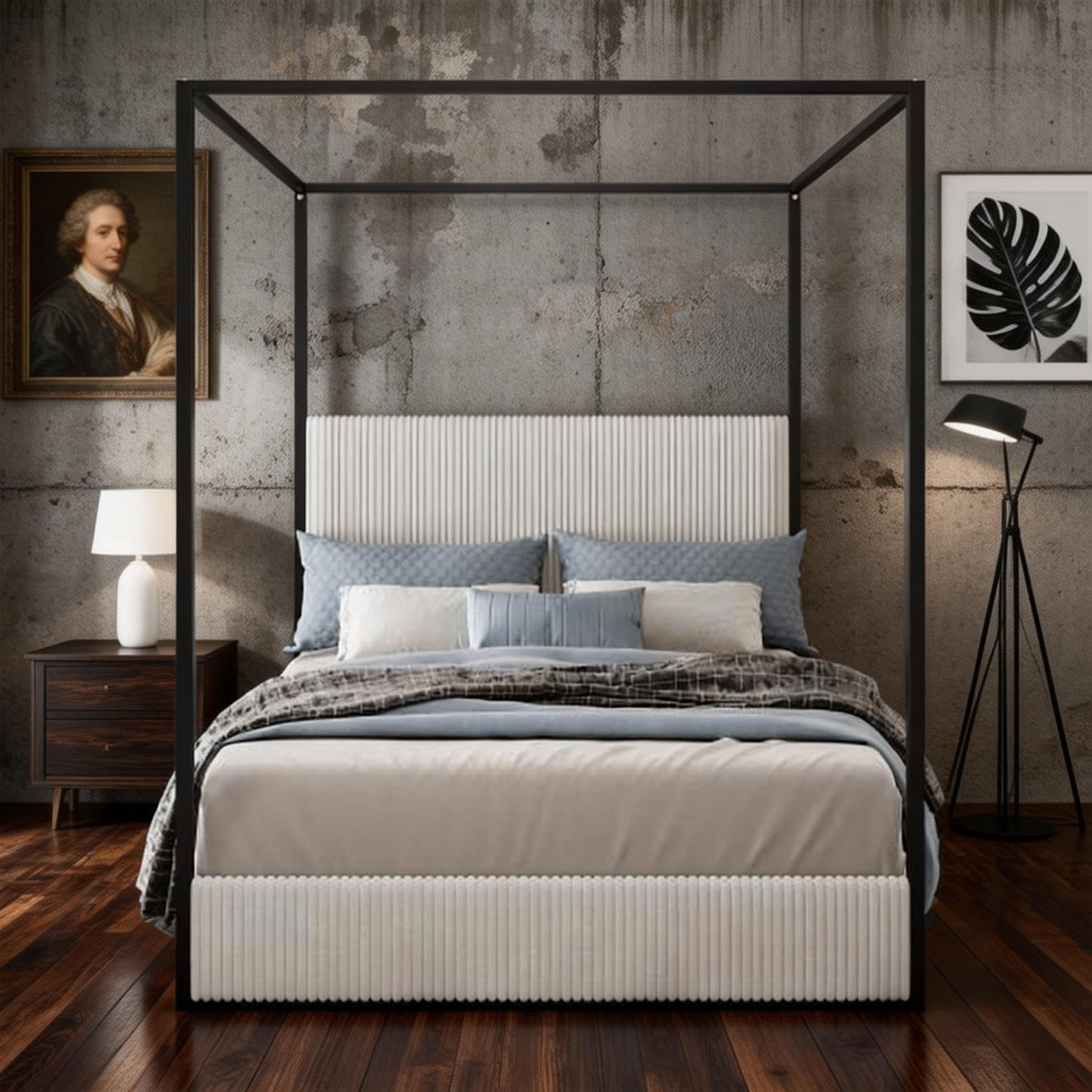 HRJHLucky Queen Size Canopy Bed with Tall Upholstered Channel Headboard, Metal 4 Poster Upholstered Bed, No Box Spring Needed (Gold + Beige, Queen)