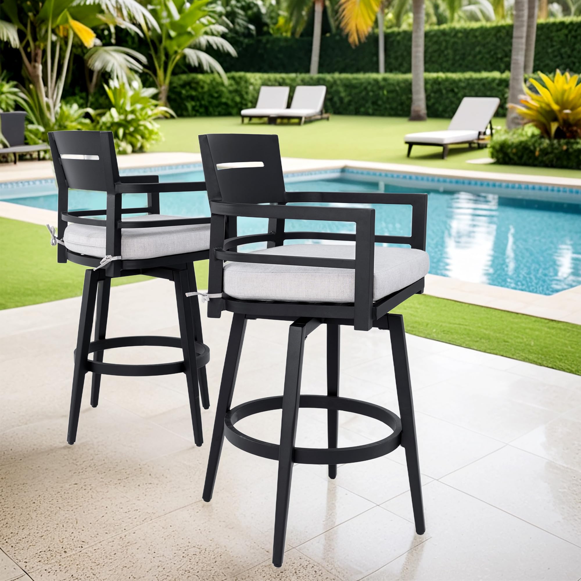 KEIKI Outdoor Swivel Bar Height Stools Set of 2, Aluminum Swivel Bar Chairs with 360° Rotation, Ergonomic Backrest & Armrests, Patio Dining Chairs for