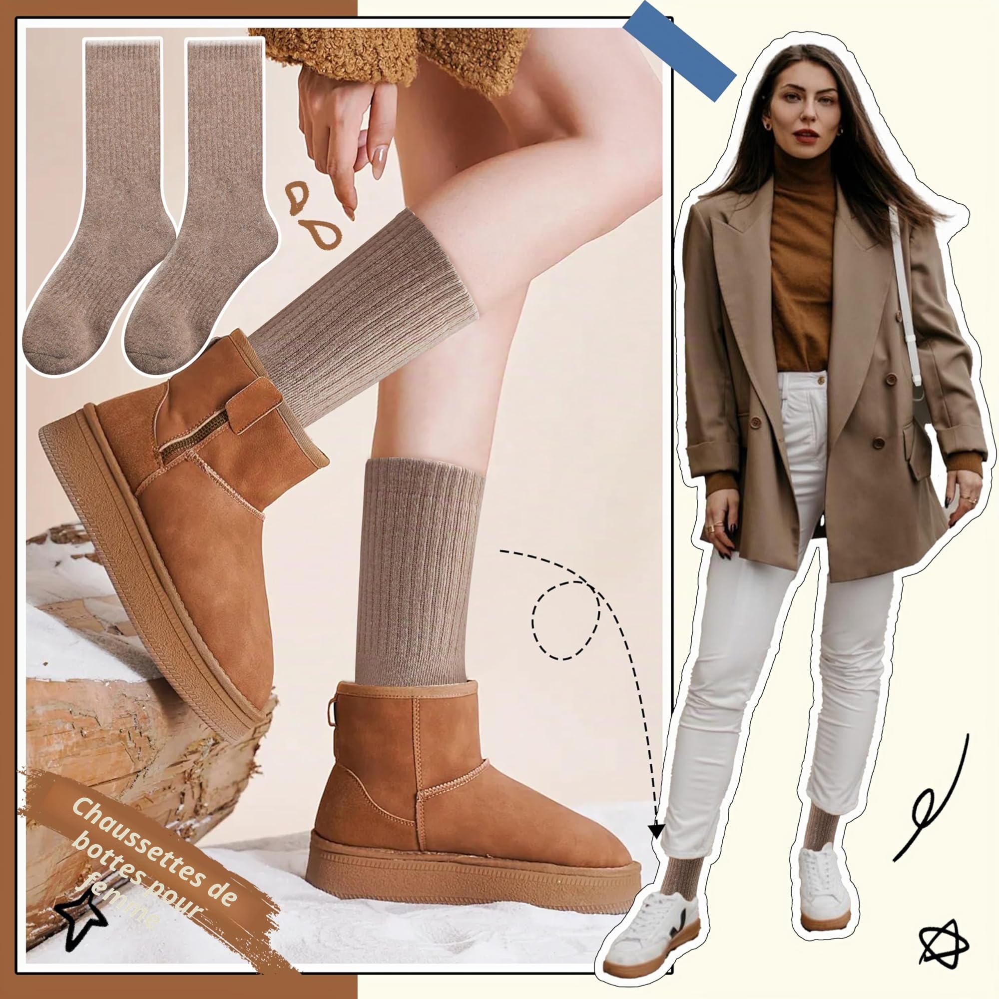 EBMORE 5 Paires Chaussettes Chaudes Femme Hiver en Laine Mérinos, Taille UE 37-43, Chaussettes Épaisses Chaude Thermiques pour Femme