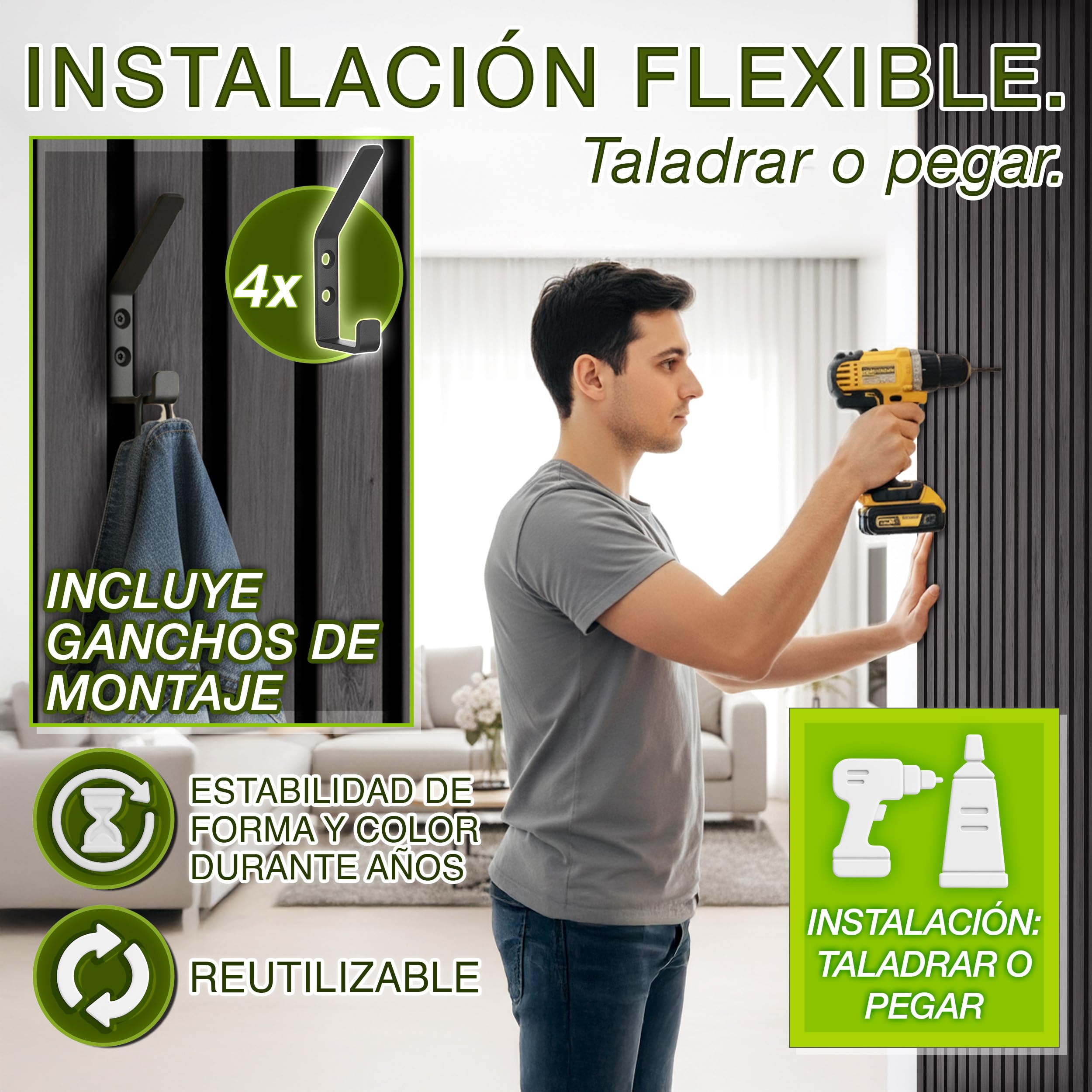 TRESKO 2 paneles acústicos de madera de 120 x 60 cm, incluye 4 ganchos para ropa, revestimiento de pared de roble antracita como pared de listones 3D, paneles de madera para aislamiento acústico