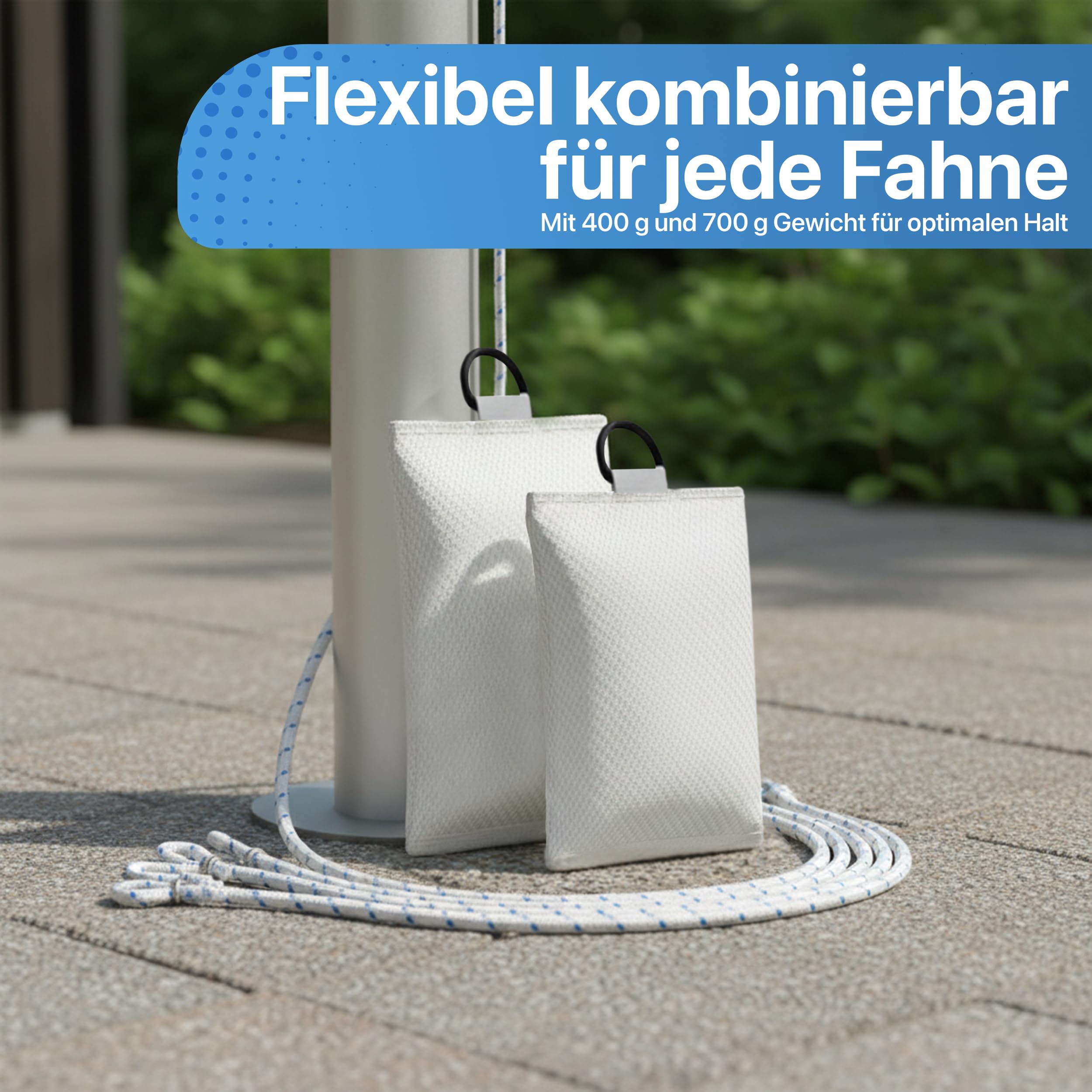 FBS Fahnengewicht 700g mit 5 Fahnenschlaufen – Beschwerungssäckchen zur Stabilisierung & Straffung von Fahnen – Kletterstopp für Fahnenmast bis Ø100mm – Windstopper für Flaggen