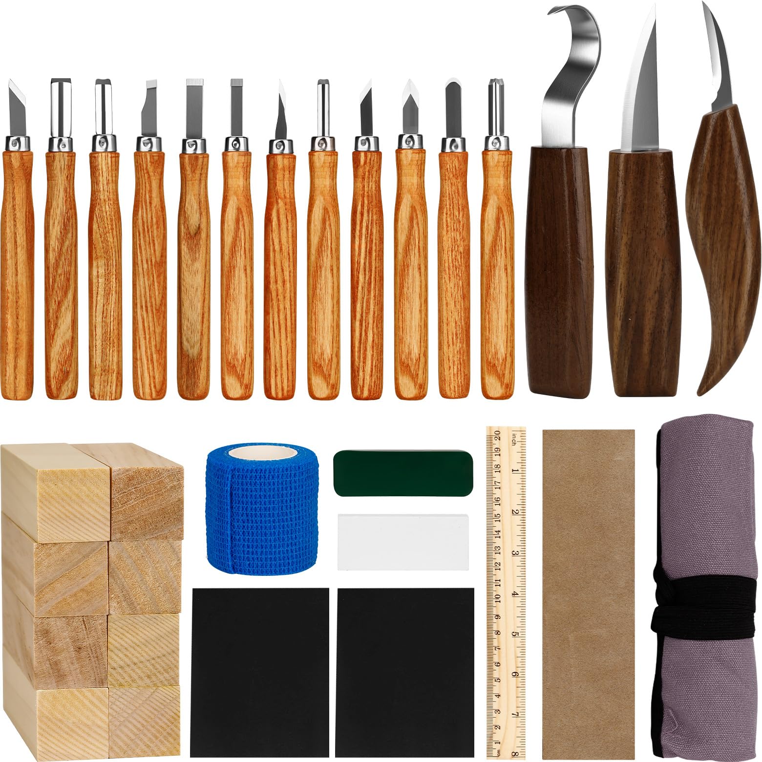 Kit Intaglio Legno 33 Pezzi,con blocchi di legno,coltelli e accessori pratici per intaglio sicuro e creativo;set di coltelli da intaglio,perfetto per principianti,hobbisti e come regalo creativo