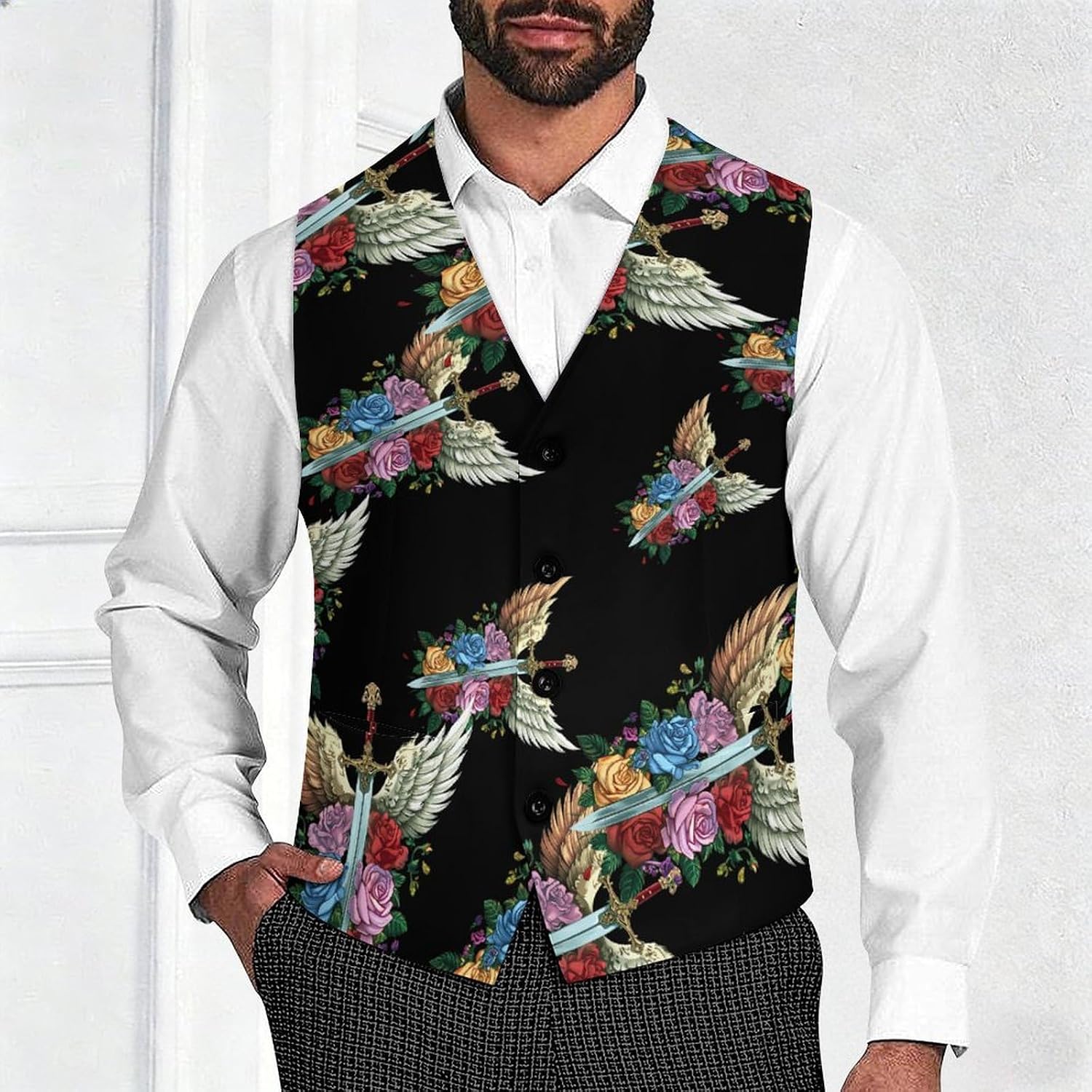 Knighthood Winged Sword Men's Suit Vest Formal Vests Casual Dress Fit Waistcoat Casual Tuxedo for Business