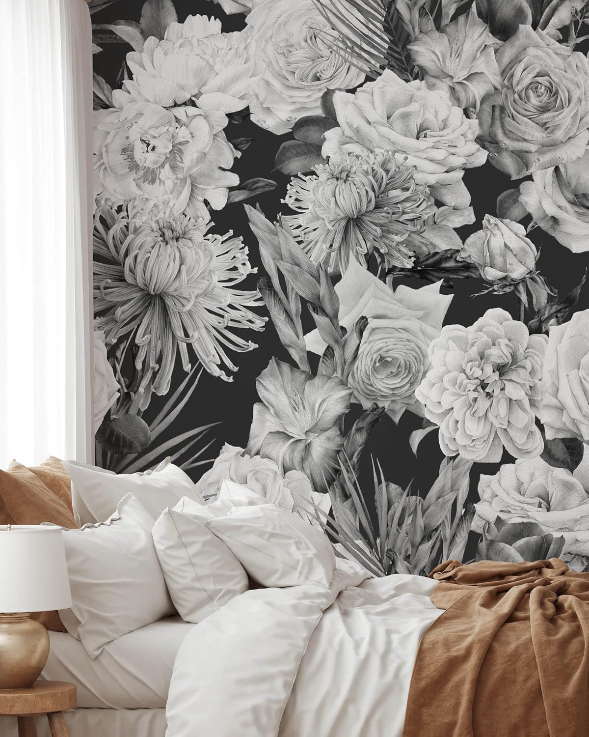 Black and White Roses Wallpaper | Removable Self Adhesive Watercolor Wallpaper | Floral Peel and Stick Wallpaper (1 roll 24" W x 96" H)