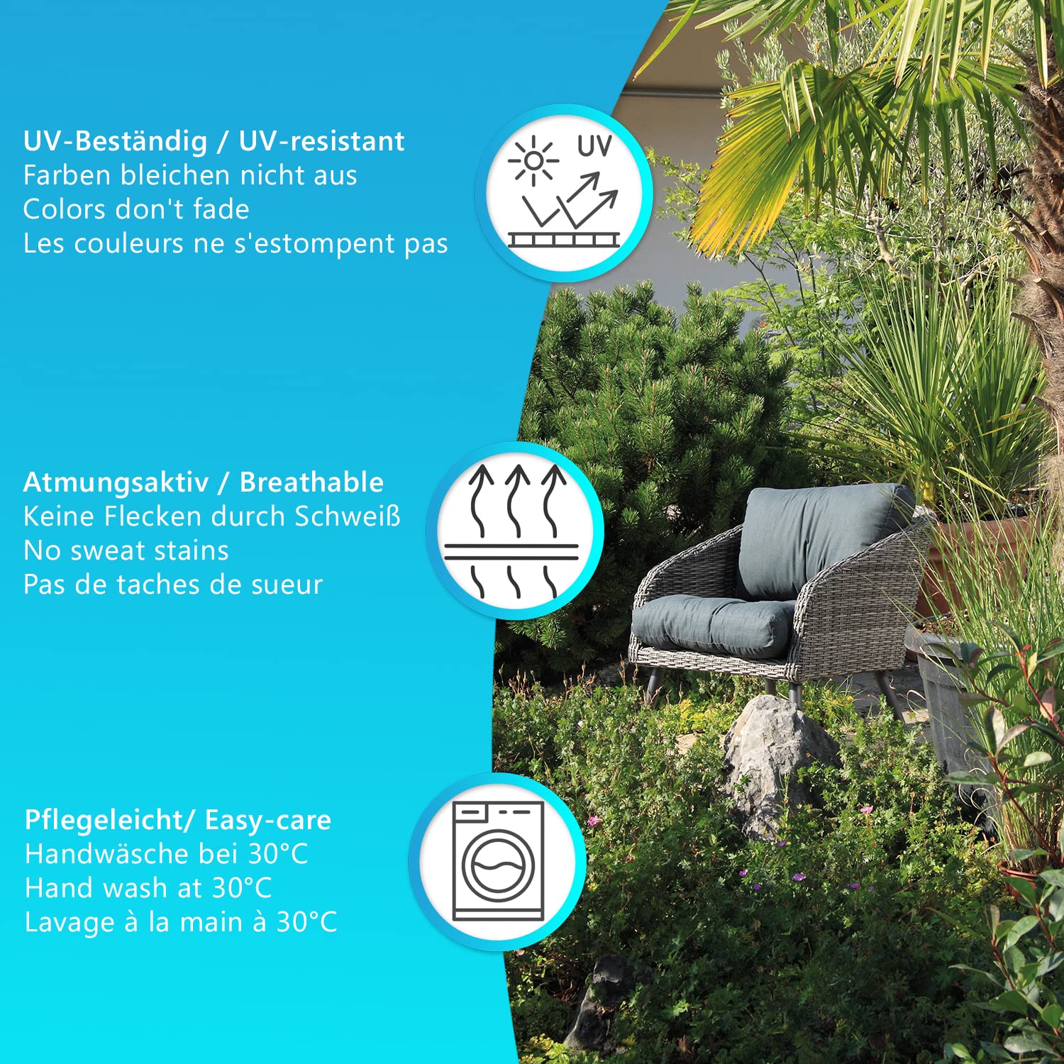 NYVI Loungekissen SmartLounge Set 3X Sitzkissen 60x60 cm und 3X Rückenkissen 60x40 cm Anthrazit - Wasserabweisende Auflagen für Indoor und Outdoor - Stuhlkissen für Rattanmöbel und Gartenmöbel