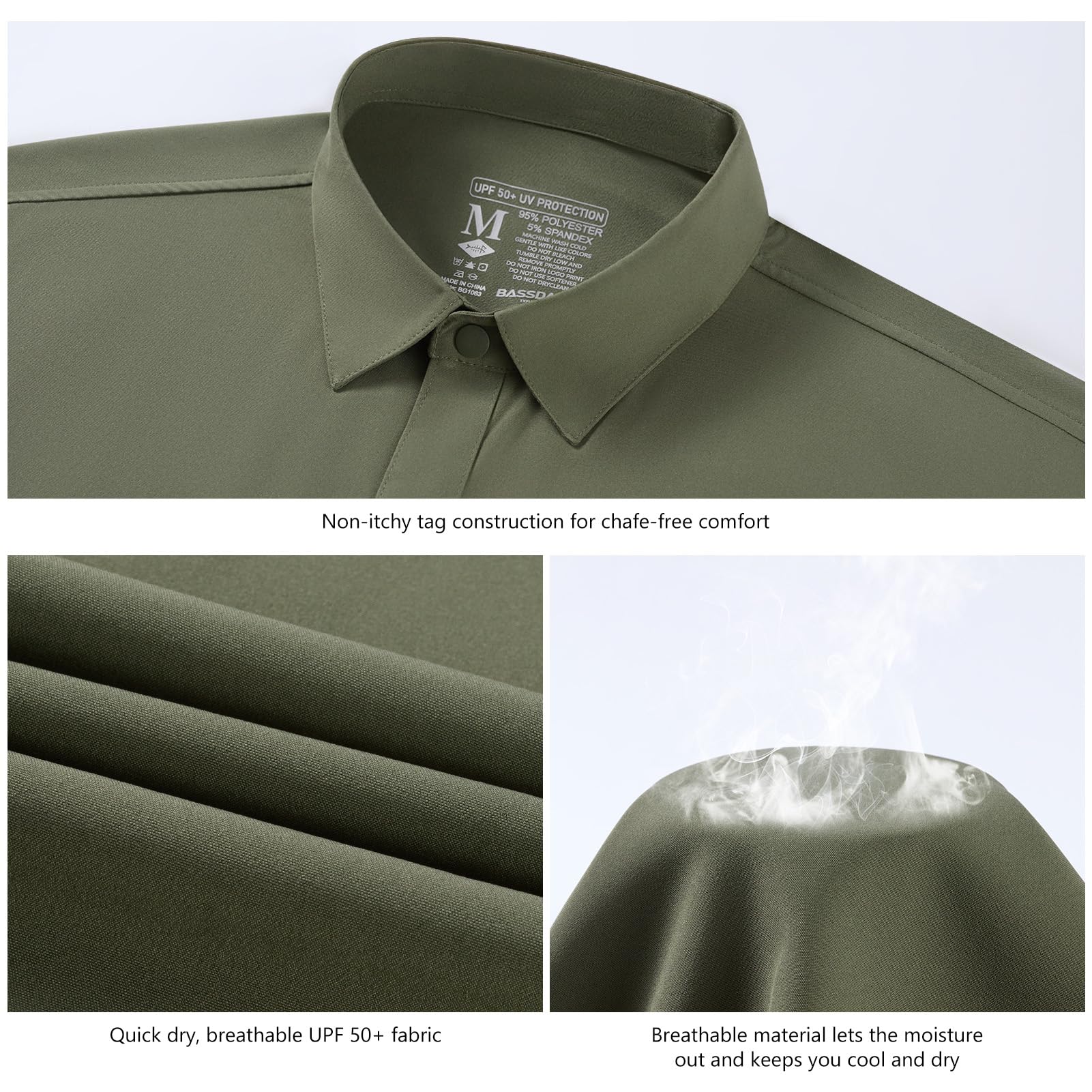 BASSDASH Camisa de manga corta UPF 50+ con botones a presión para hombre, ajuste regular, tejida, dos bolsillos, camisas de vestir casuales