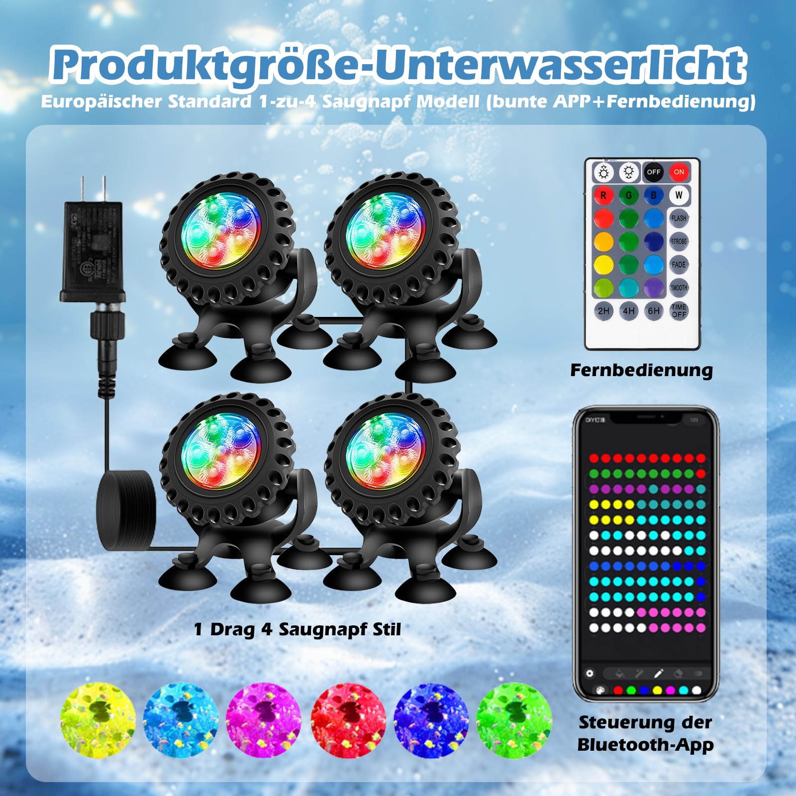 HOSPAOP Illuminazione per laghetto, luce subacquea, piscina a LED, illuminazione con telecomando, app Bluetooth, RGB, IP68, impermeabile e ventosa per piscina, cascata, laghetto da giardino