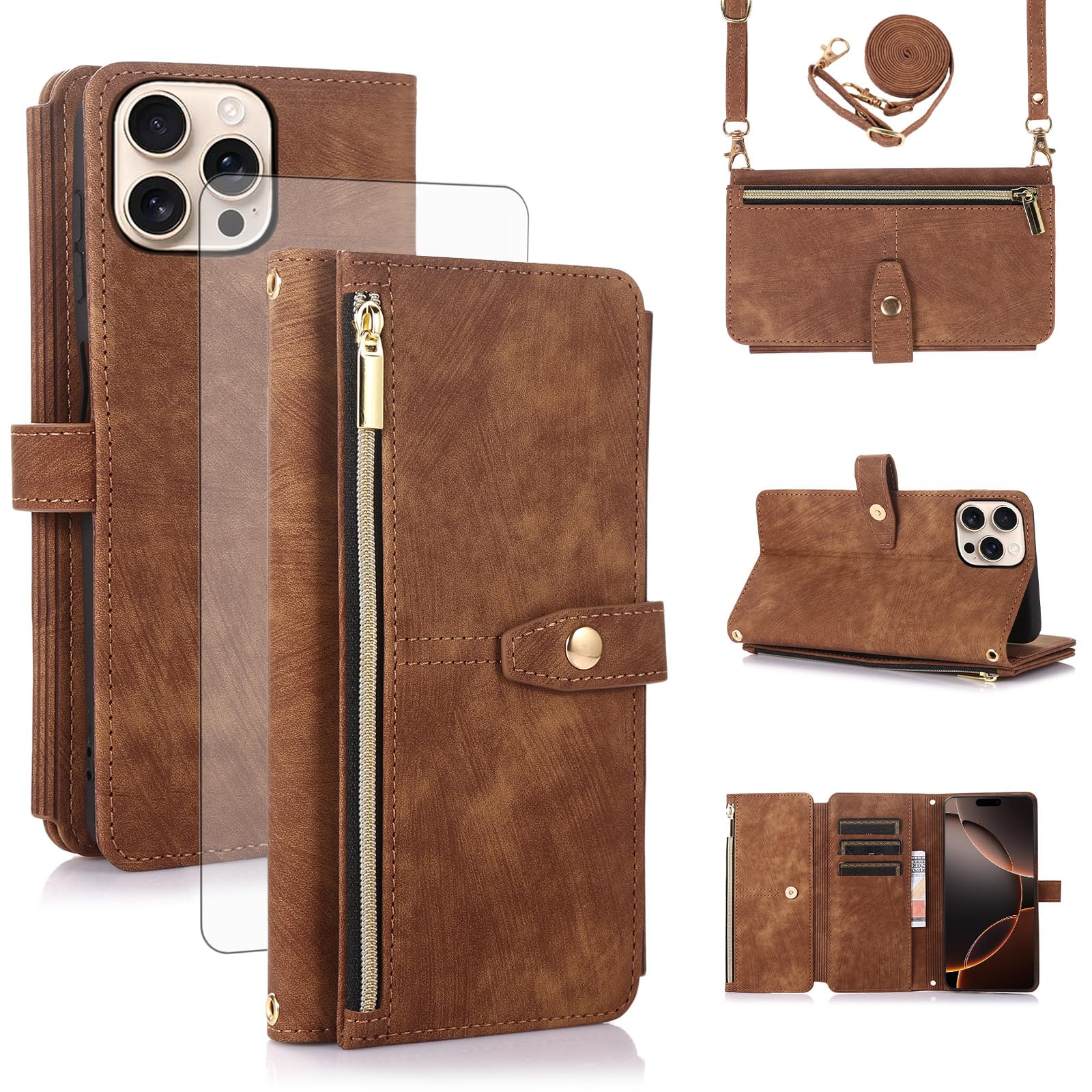 Asuwish Handyhülle für iPhone 16 Pro Hülle mit Band Folie Schutzfolie Kartenfach Klappbar Leder Geldbörse Ständer i Phone16 16Pro Prohülle Handy Hüllen Schutzhülle Phone Case Braun