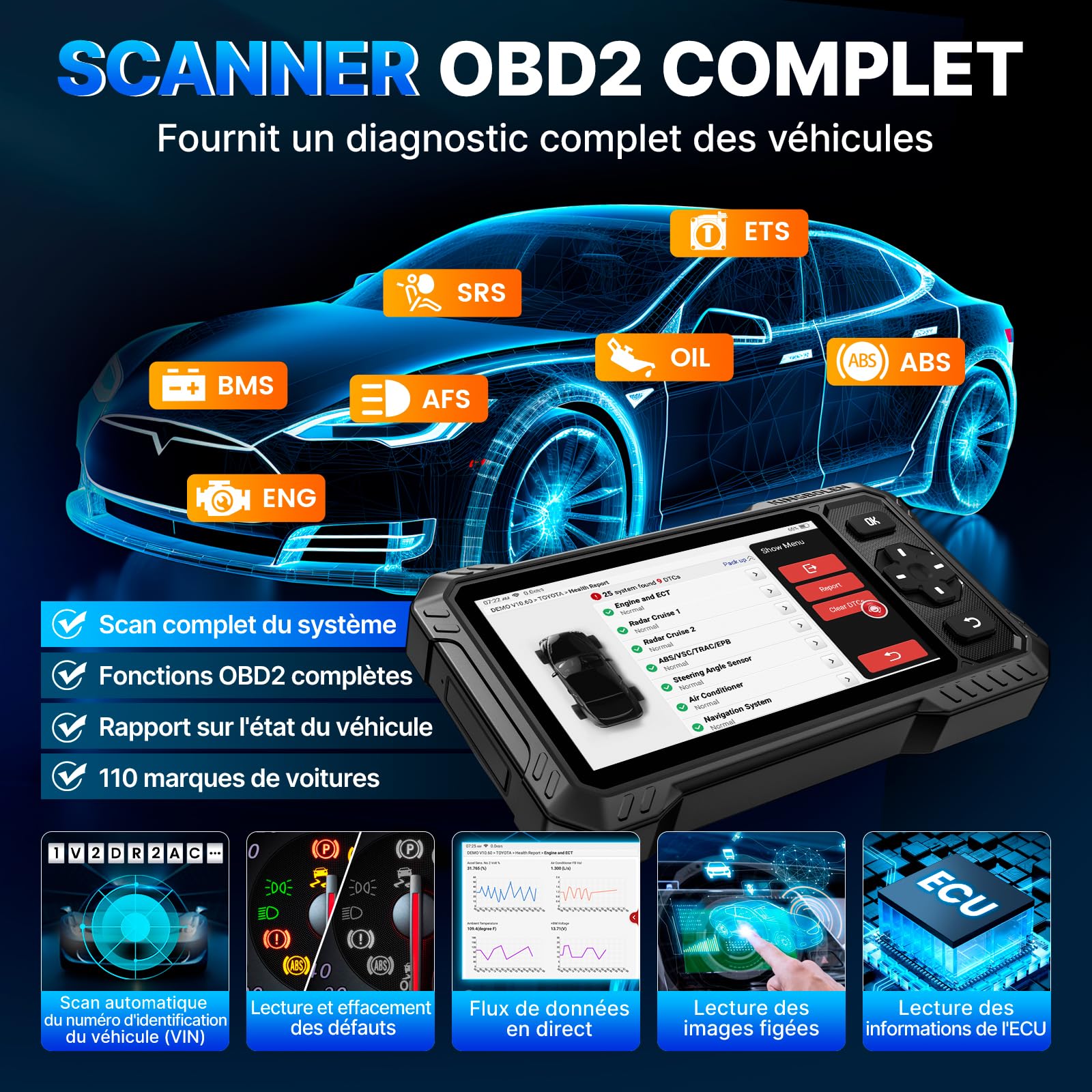 KINGBOLEN S6 Elite Valise Diagnostic Auto, OBD2 Diagnostic Français pour système Complet avec 15+ Réinitialisations, Contrôle Bidirectionnel, CANFD＆FCA