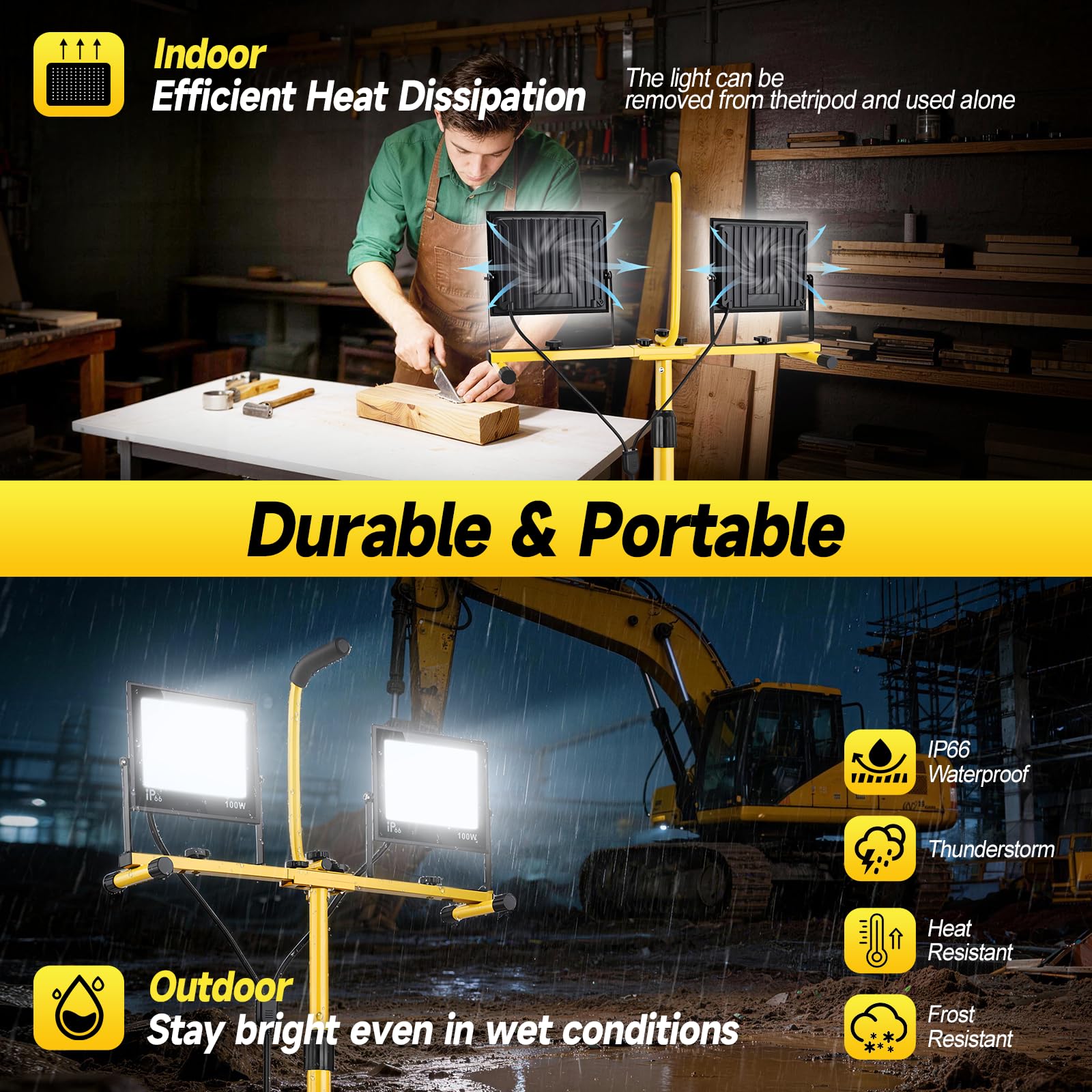 Projecteur de Chantier LED sur Trépieds, 200W 15000LM Lampe Chantier, Pivotante à 360° | Étanche IP66 | Câble 3M | Réglable en Hauteur de 65 à 160 cm pour Atelier, Chantier, Garage