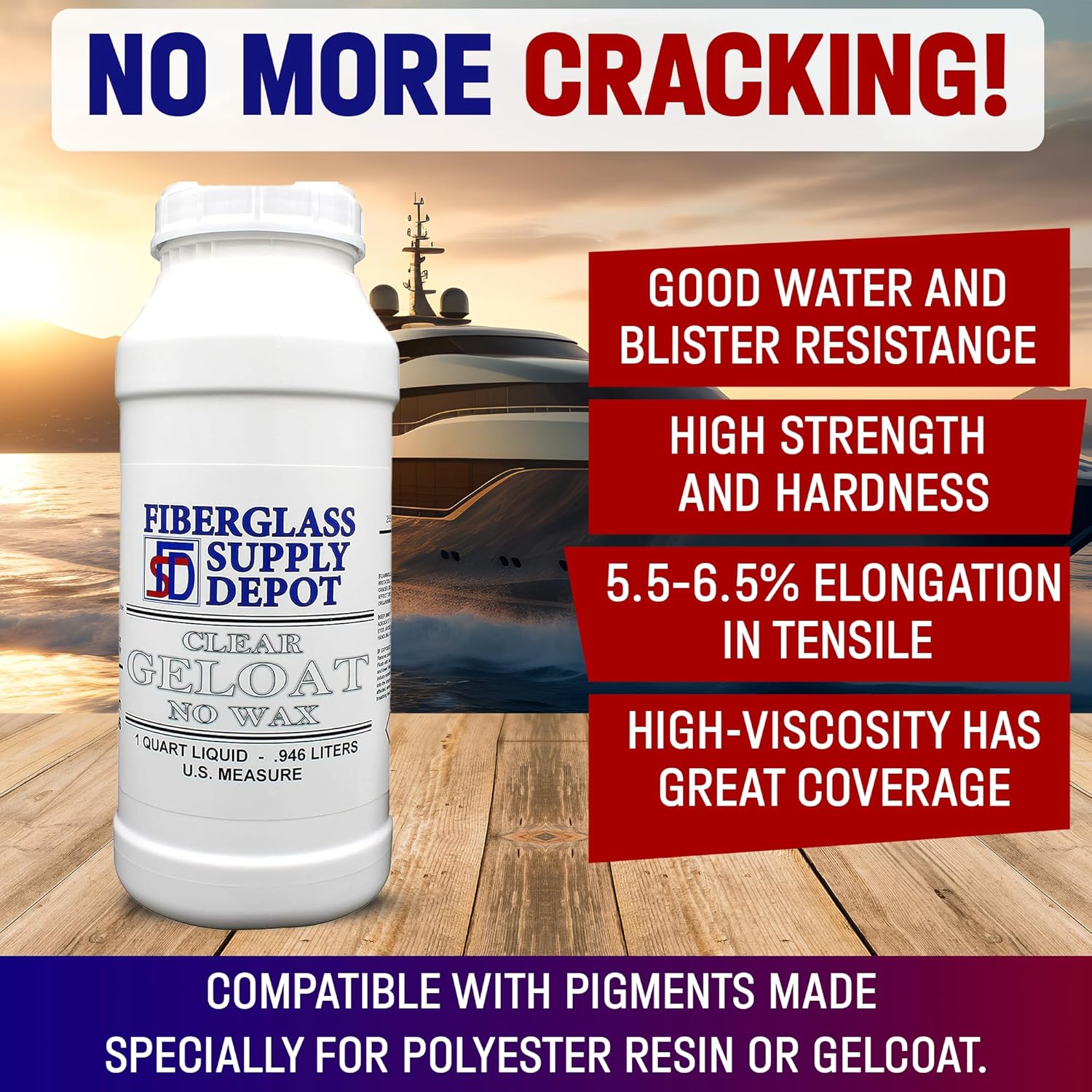 Fiberglass Supply Depot Clear Gelcoat Without Wax – UV-Resistant Marine Gelcoat for Interior & Exterior Use – Quart Kit with 15cc MEKP Hardener