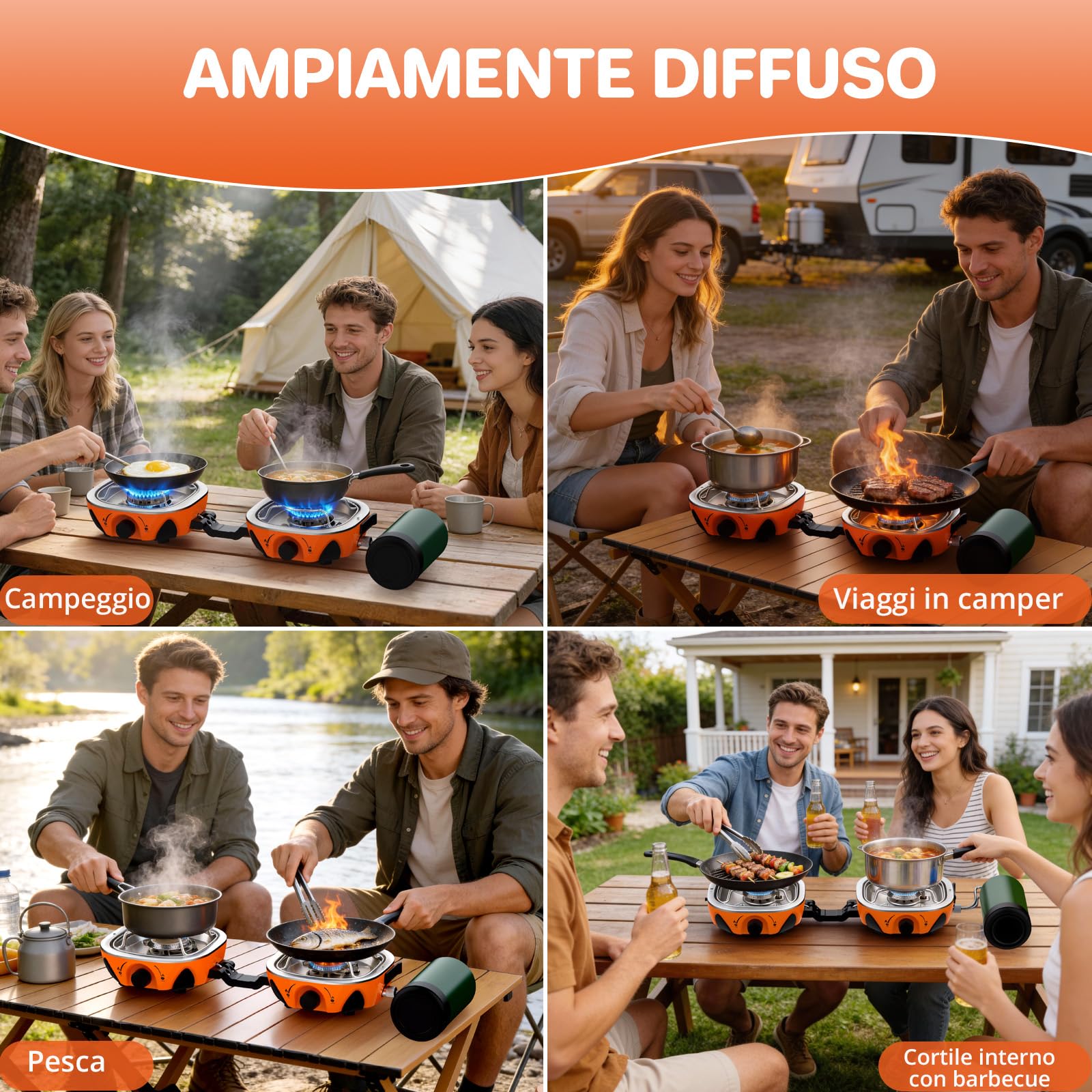 FUNYKICH Fornello da Campeggio a 2 Fuochi Pieghevole,2× 3Kw,Fornello da Campeggio,Fornello a Gas Portatile per Campeggio,Accensione Piezoelettrica,per Grill all’Aperto,con Borsa di Trasporto