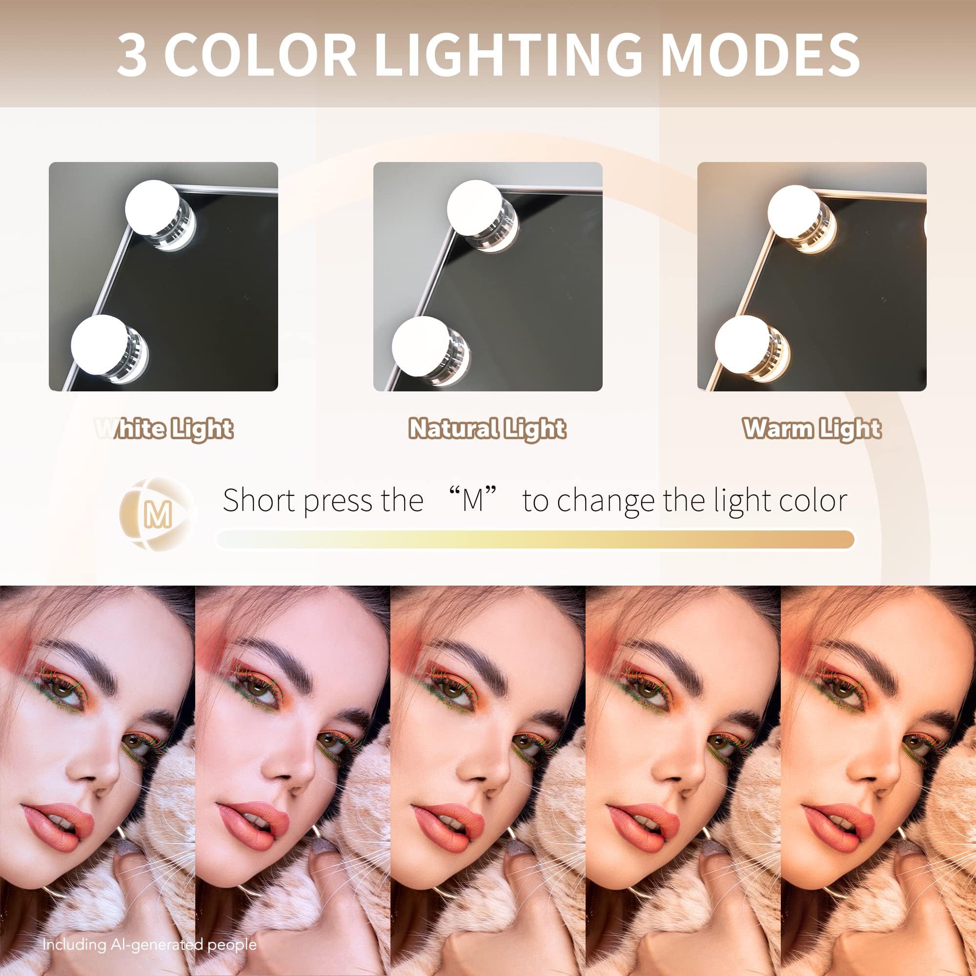 Specchio cosmetico Hollywood con luci, 9 lampadine LED dimmerabili, specchio per il trucco con specchio rimovibile con ingrandimento 10x, ricaricabile da 1200 mAh, luci a 3 colori, regalo per donne