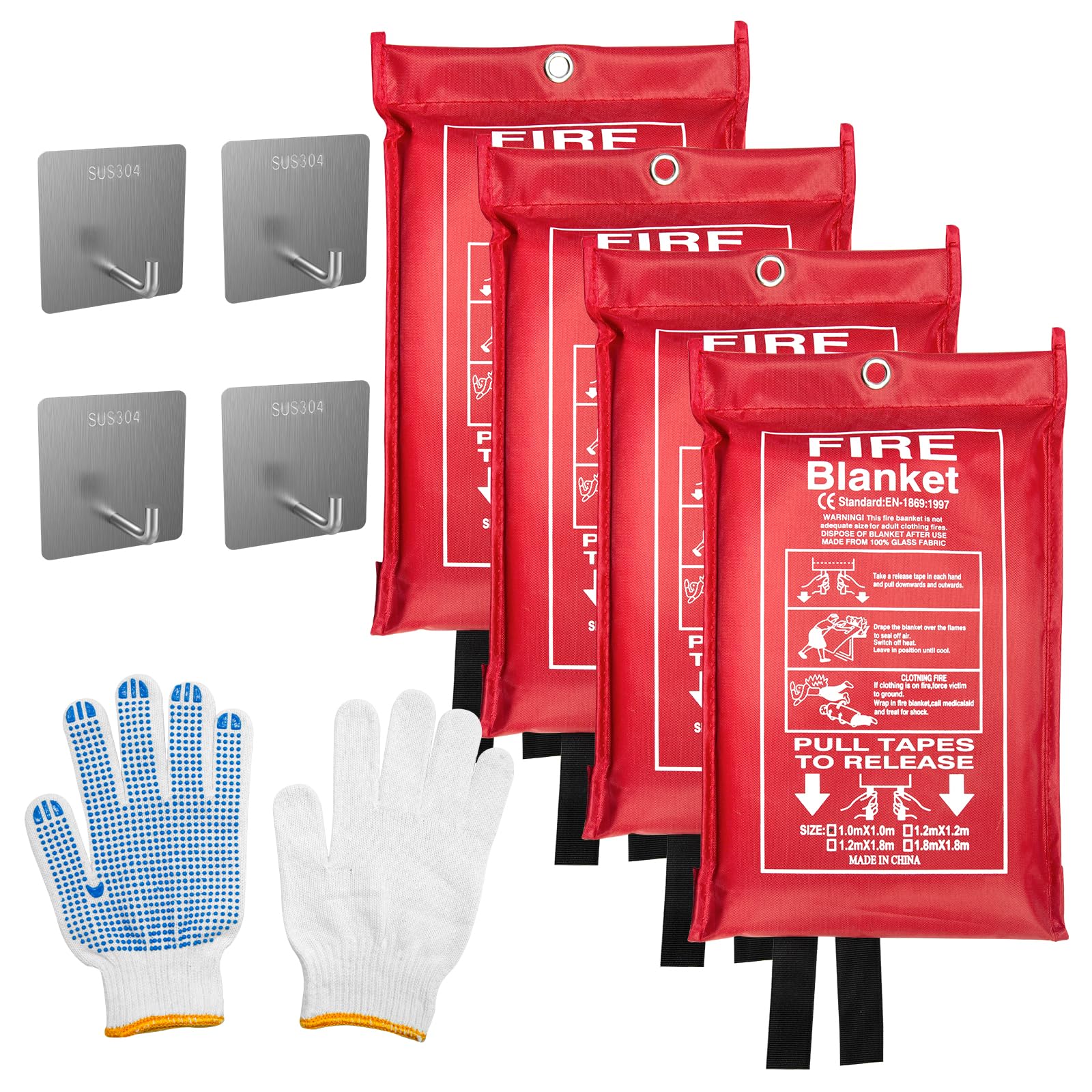 Emergency Fire Blanket (4 Pack) + 4 Hooks & 1 Gloves, Fire Suppression Blanket for Kitchen, 40" x 40" Fire Blanket for Home, Fiberglass Fireproof