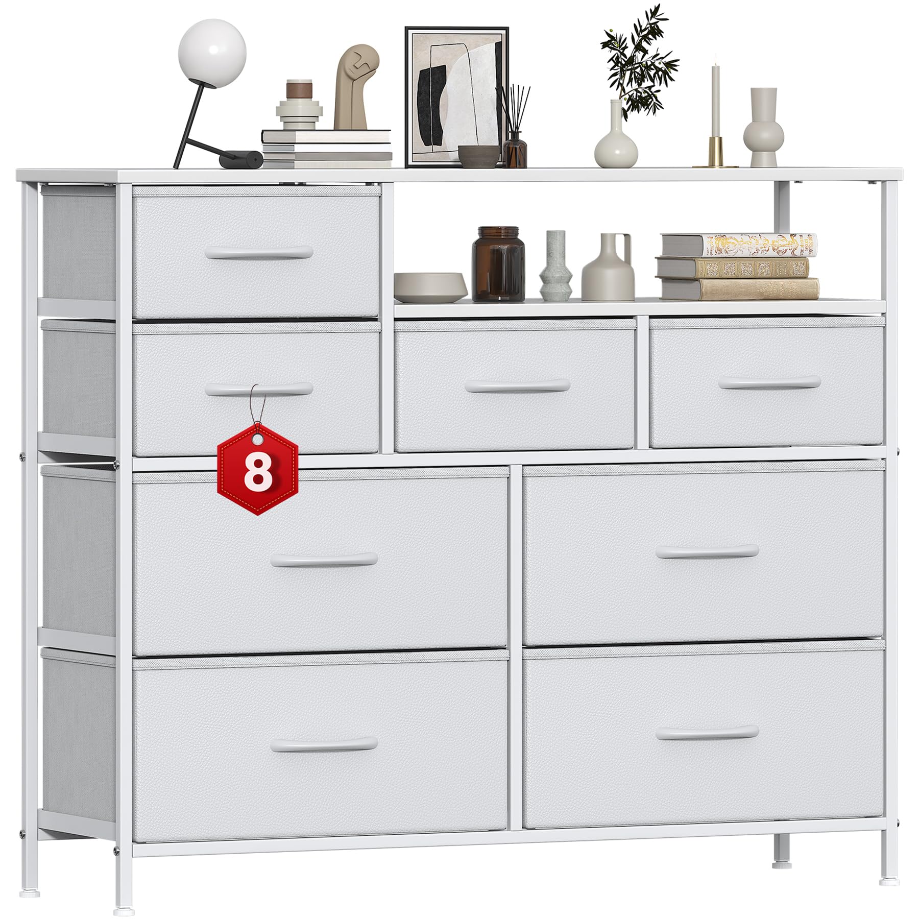 Feonase Chest of Drawers Bedroom, 8 Fabric Drawers with 2Top Open Shelves, Suitable for Bedrooms, Living Rooms(White)